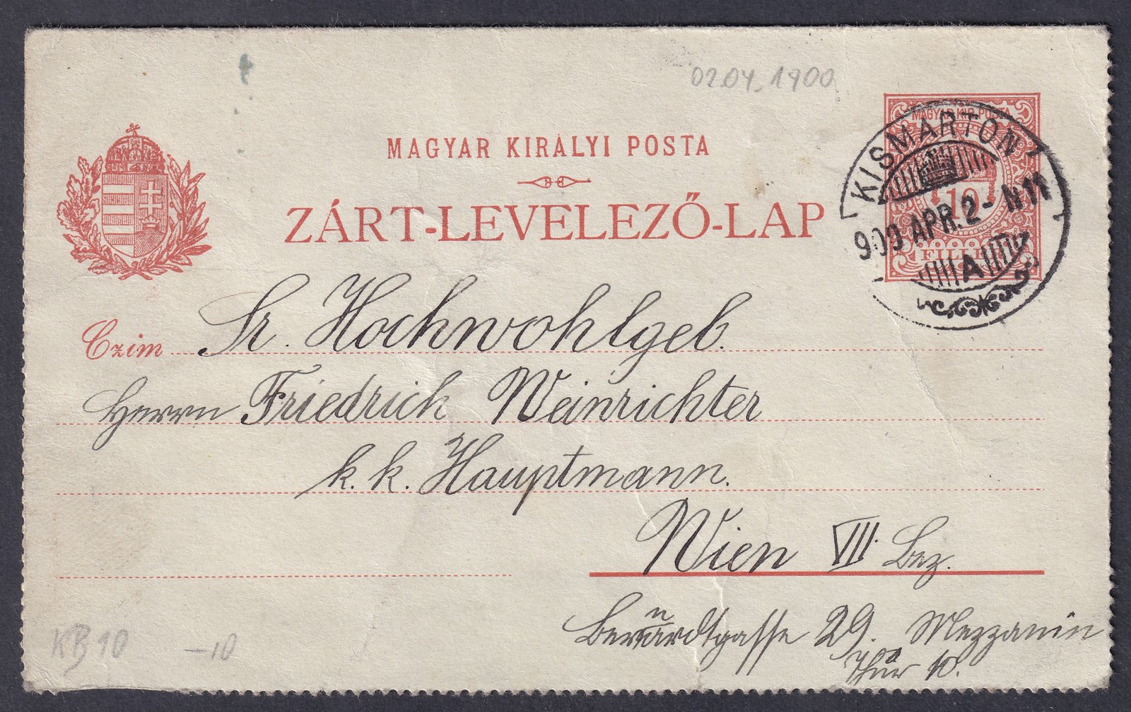 IMG_20260303_0010.1 1900. Kismarton, Bécsbe feladott Zárt levelezőlap