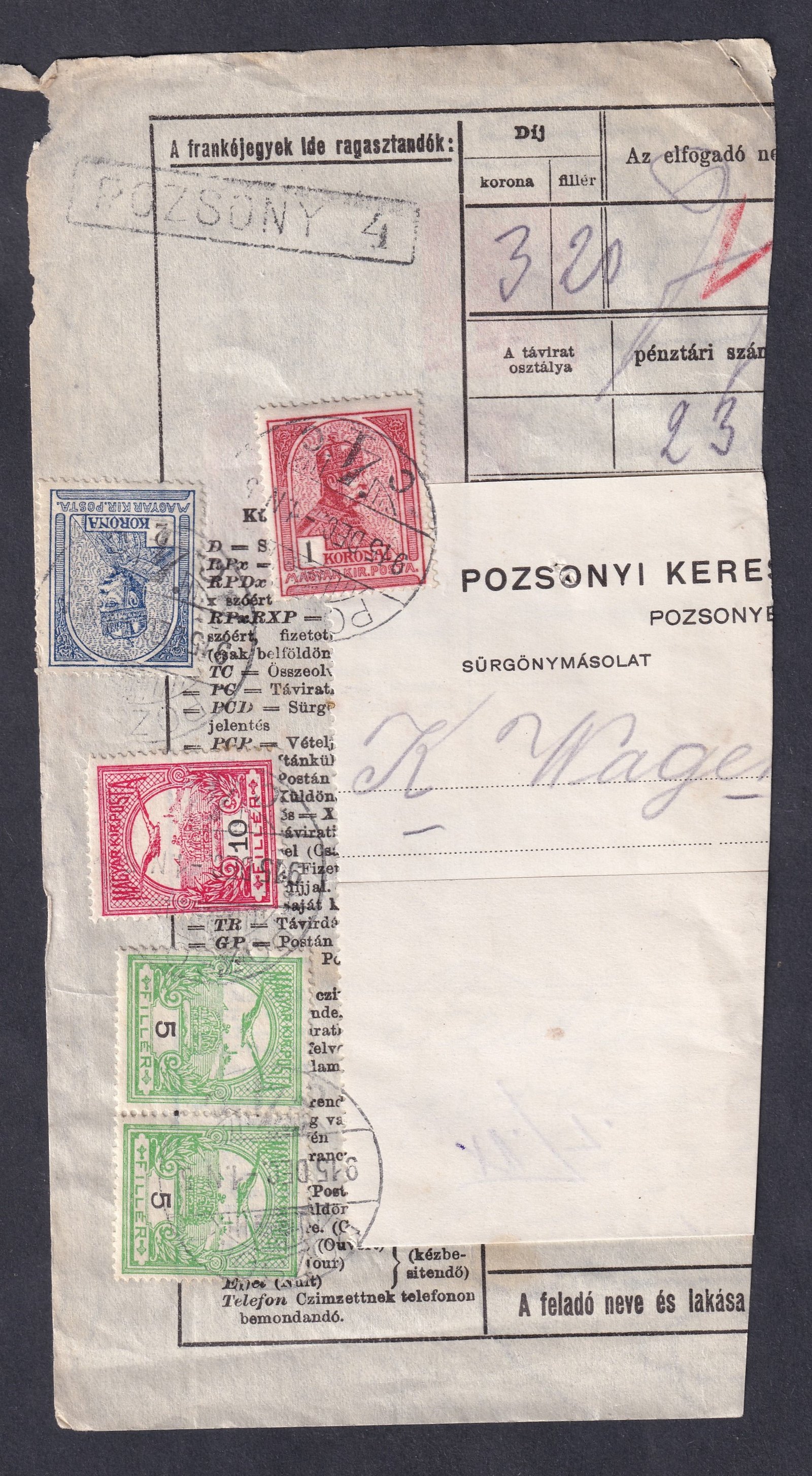 1915. POZSONY Távírat kivágás
