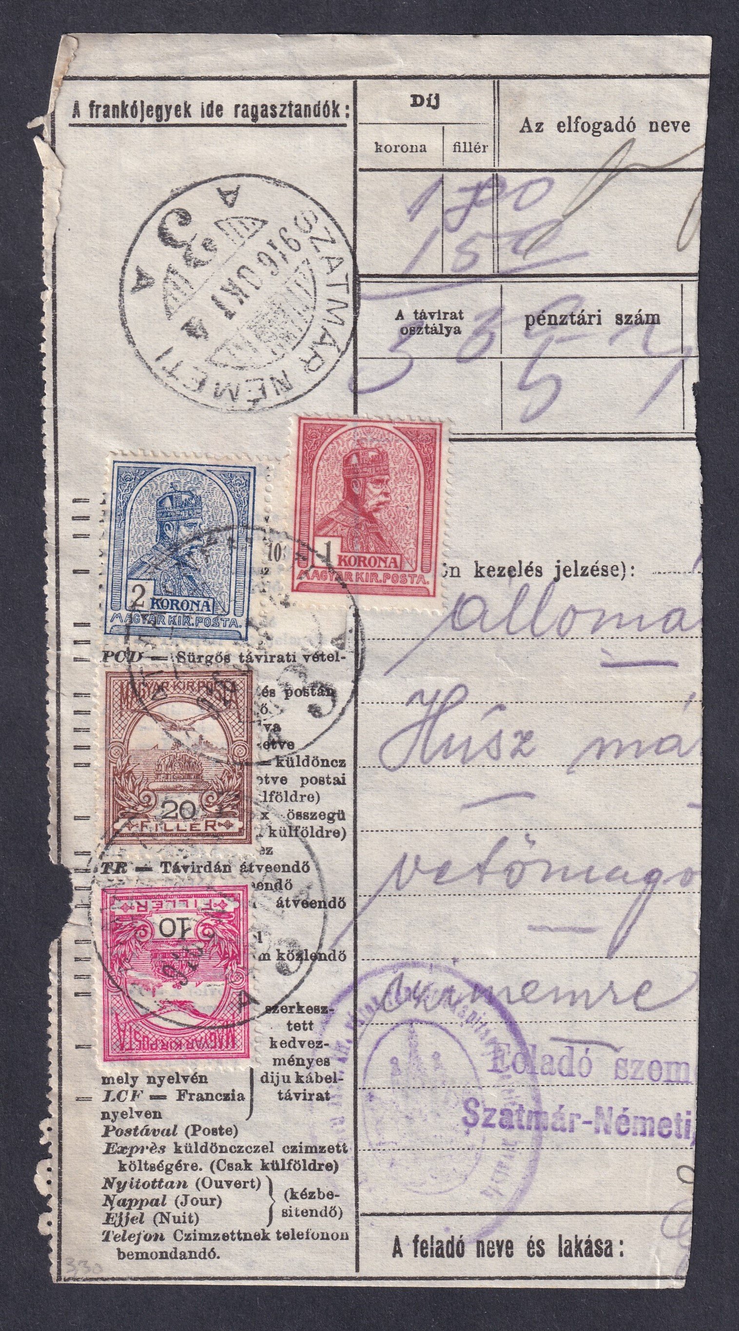 1916. Szatmár Németi Távírat kivágás