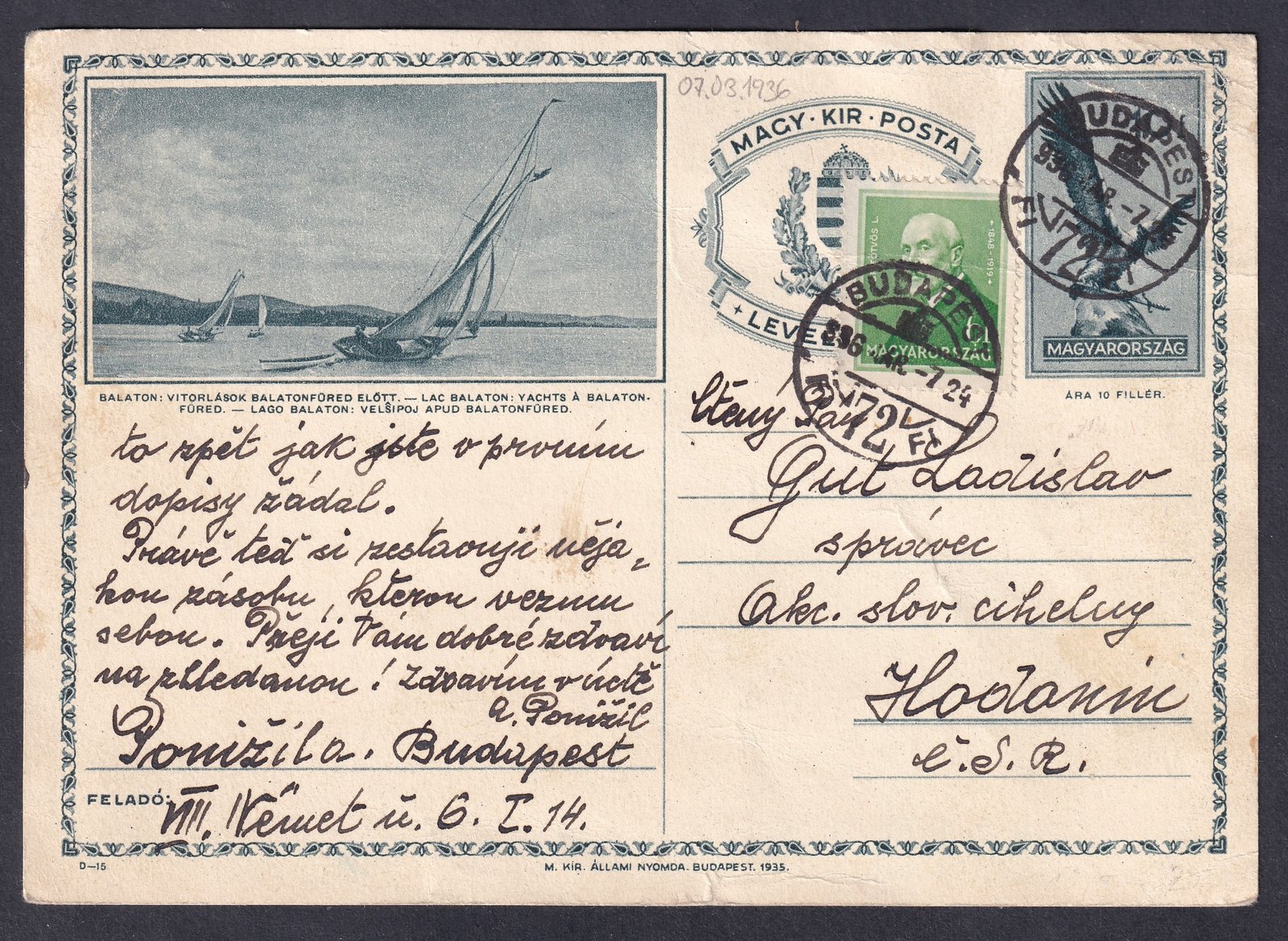 1936. Budapest, Hodonice-be feladott díjkiegészített képeslevelezőlap