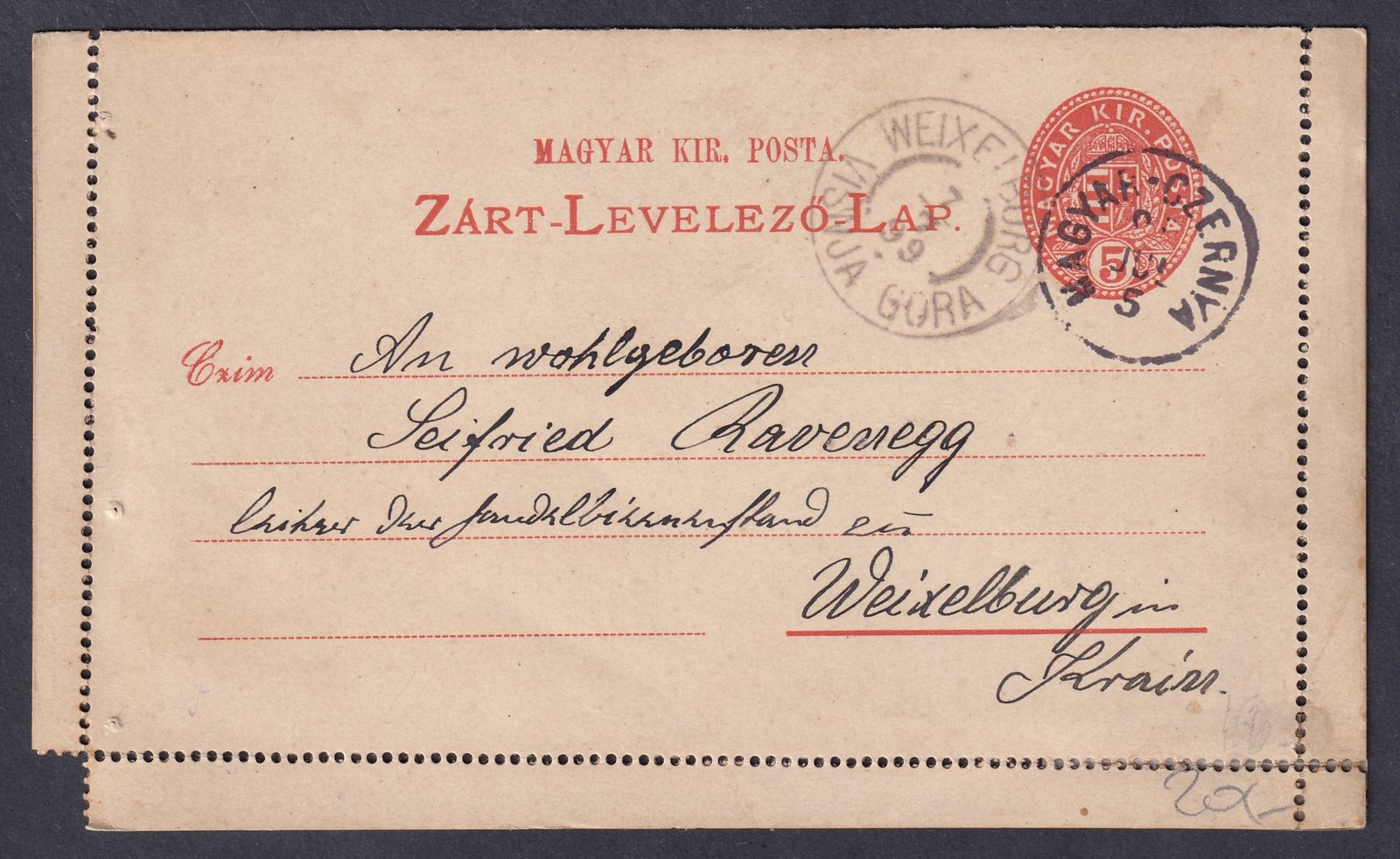 1899. MAGYAR-CZERNYA, Wieselburg (Ausztria)-ba feladott Zárt-levelezőlap