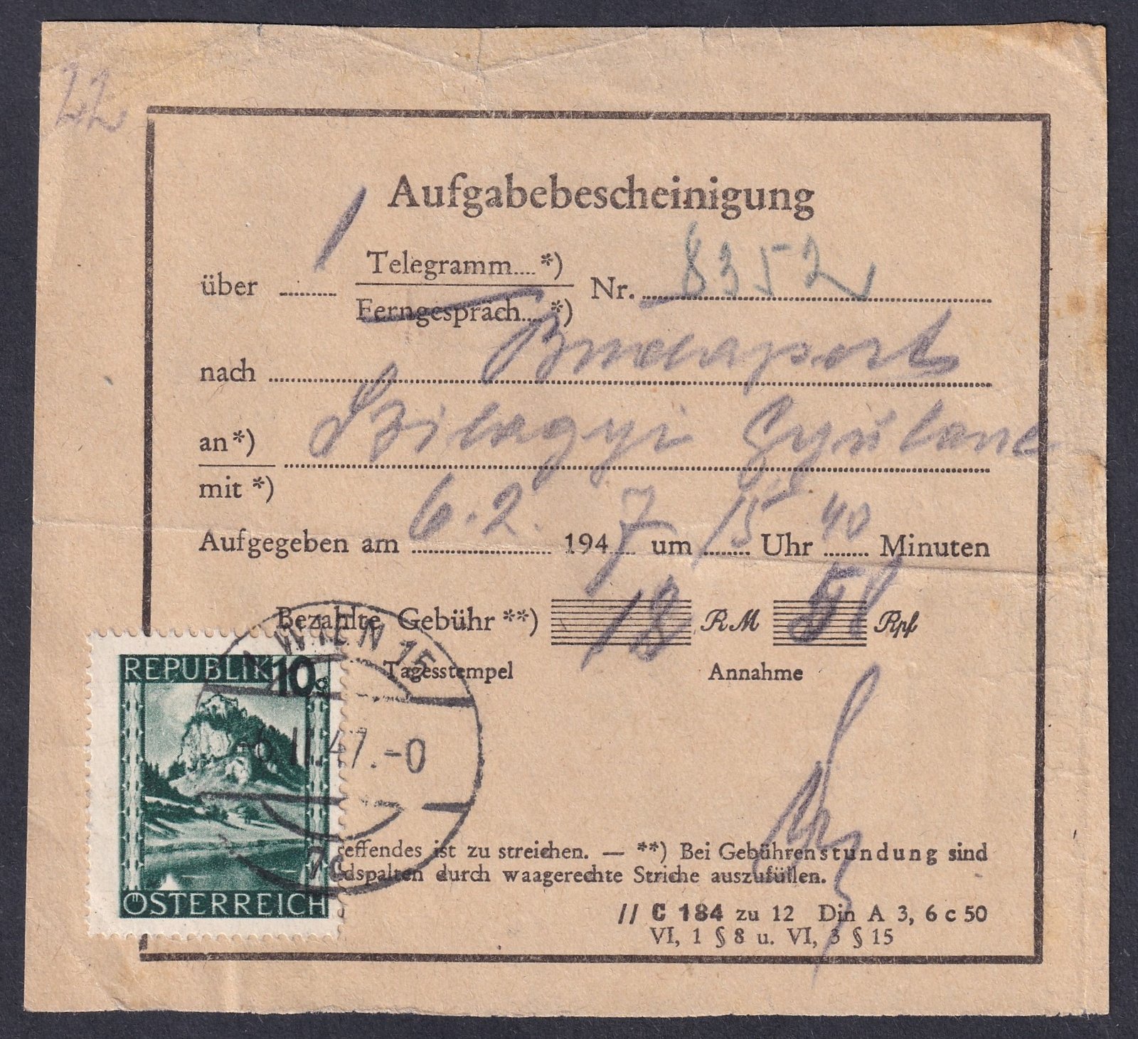 1947. Ausztria, távirat feladási elismervény (Aufgabebescheinigung)