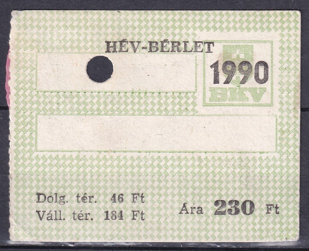 1990. BKV, HÉV bérlet - sorszám nélküli MINTA, érvénytelenítő lyukasztással