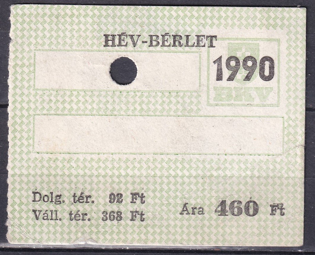 1990. BKV, HÉV bérlet - sorszám nélküli MINTA, érvénytelenítő lyukasztással