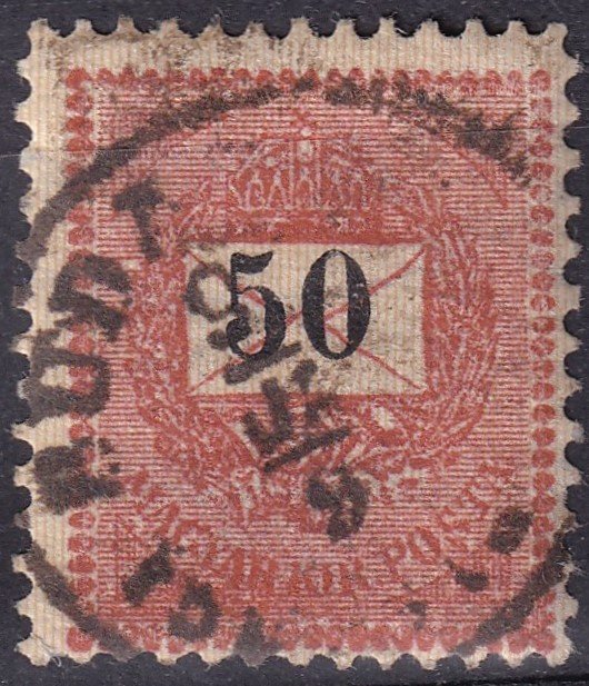 IMG_20260308_0012.4 1889. 50 kr, erősen túlfestékezett nyomat, látványos festékezési hiba