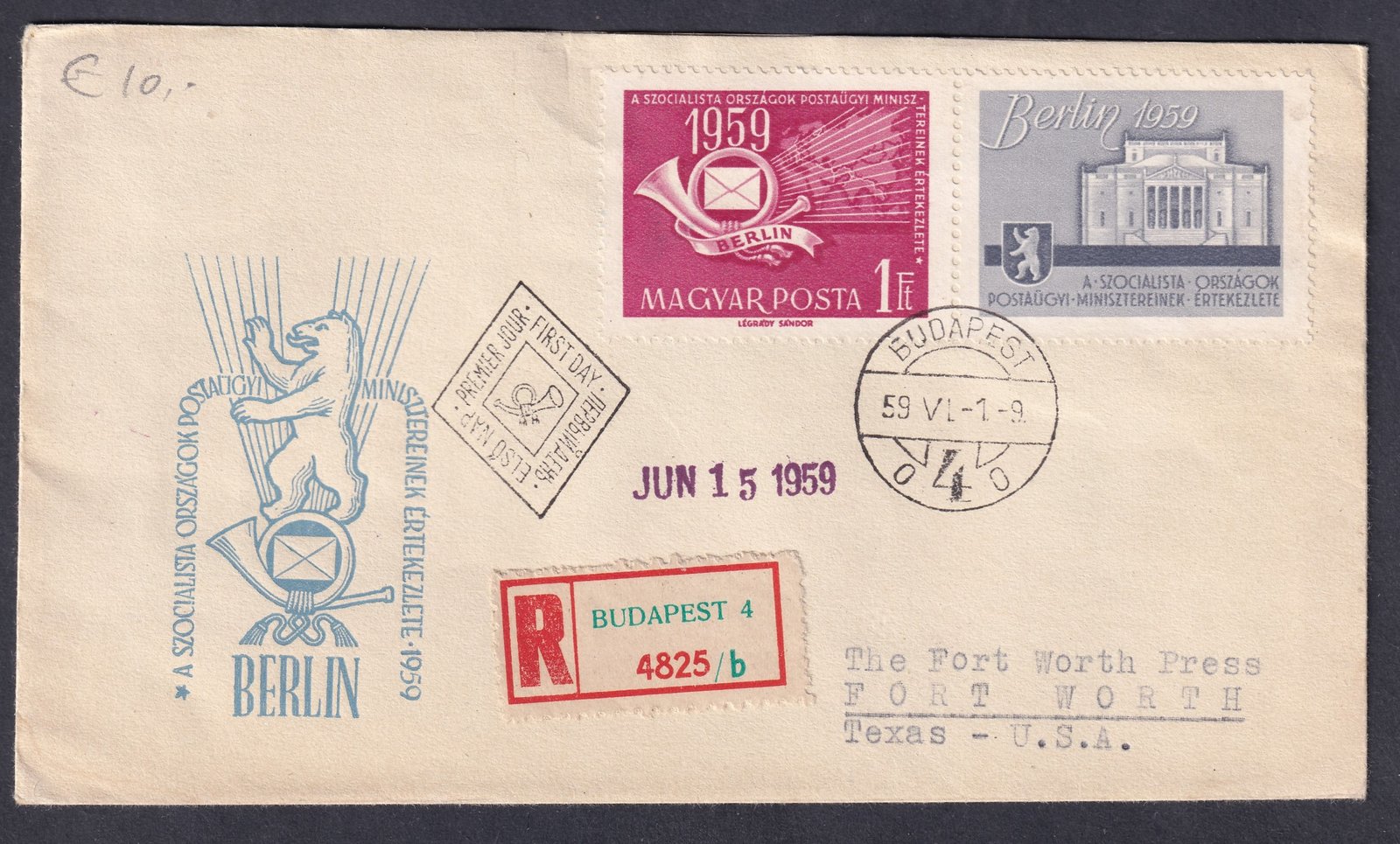 1959. Budapest, Fort Worth (USA)-ba feladott ajánlott levél, a Berlini postaügyi értekezlet pár FDC, 2 Ft díjkiegészítéssel