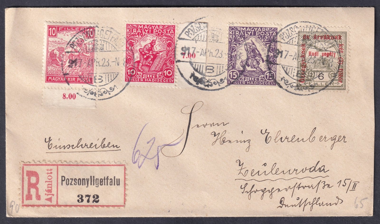 1917. Pozsonyligetfalu, Zeulenroda (Deutsches Reich)-ba feladott ajánlott levél