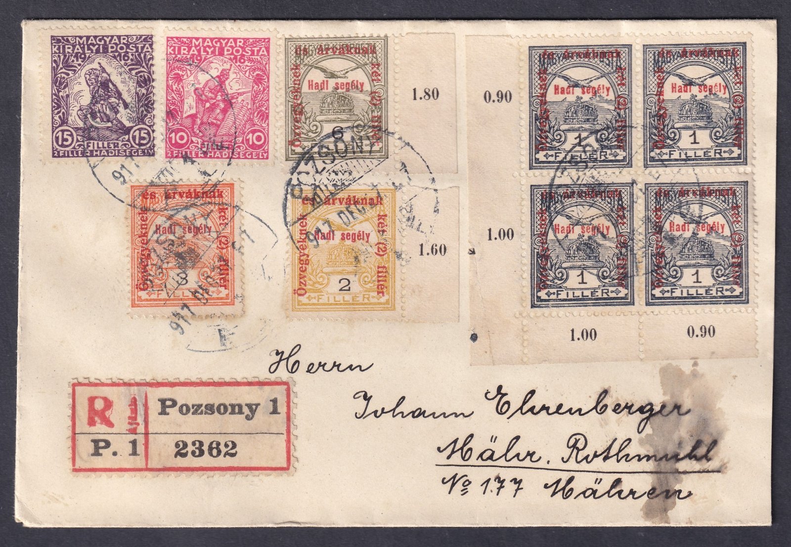 1917. Pozsony, Mähr Rothmühl (Radiměř)-be feladott ajánlott levél