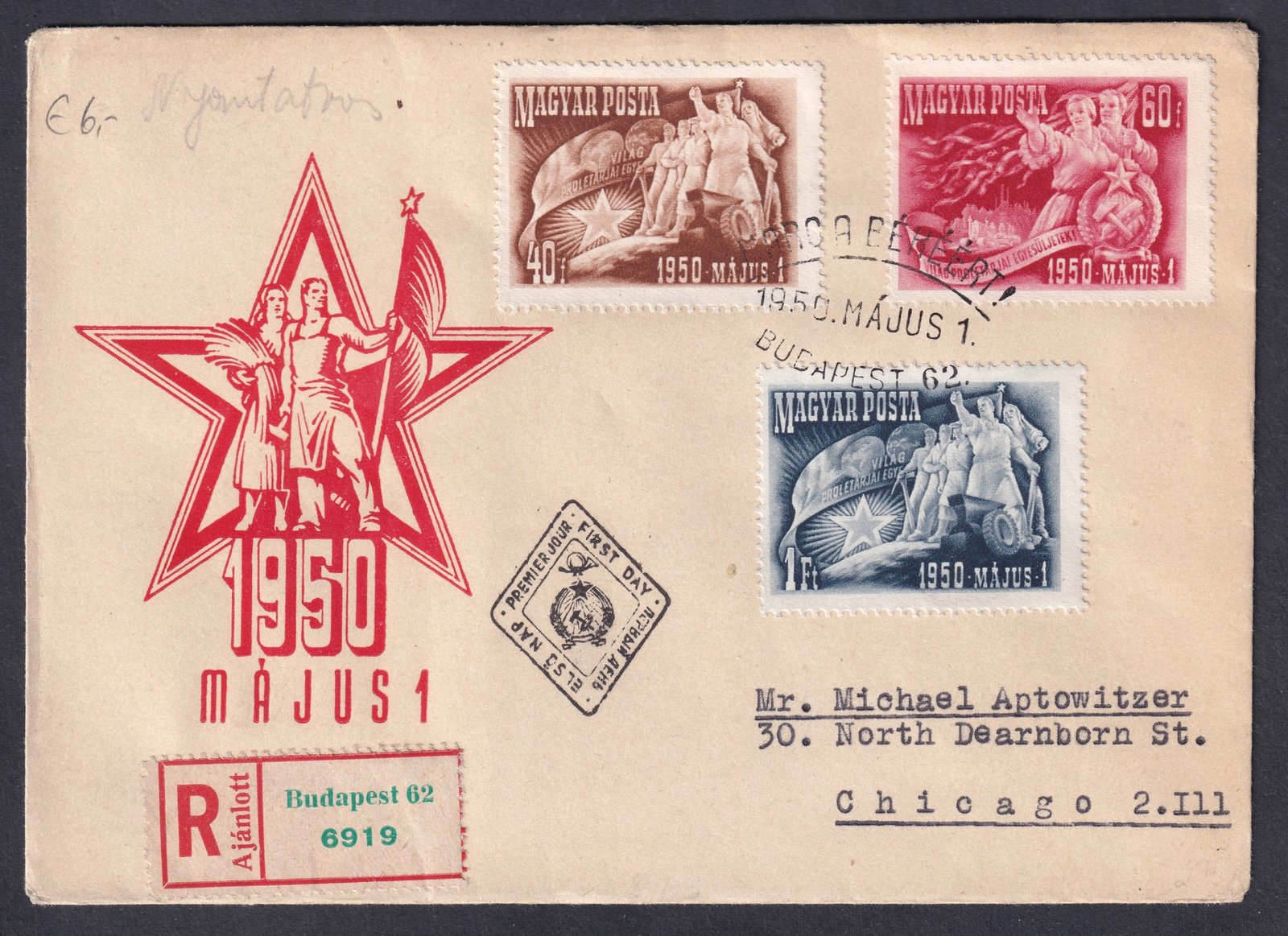 1950. Május 1. sor FDC, Chicago (USA)-ba feladott ajánlott levél 1ft díjkiegészítéssel