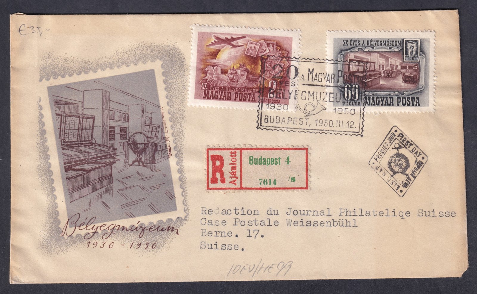 1950. Bélyegműzeum pár FDC - Svájcba feladott ajánlott levélként felhasználva