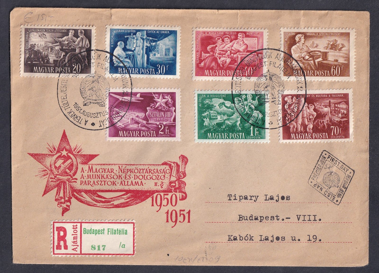 1951. Az öttéves terv eredménei sor FDC helyei ajánlott levélként