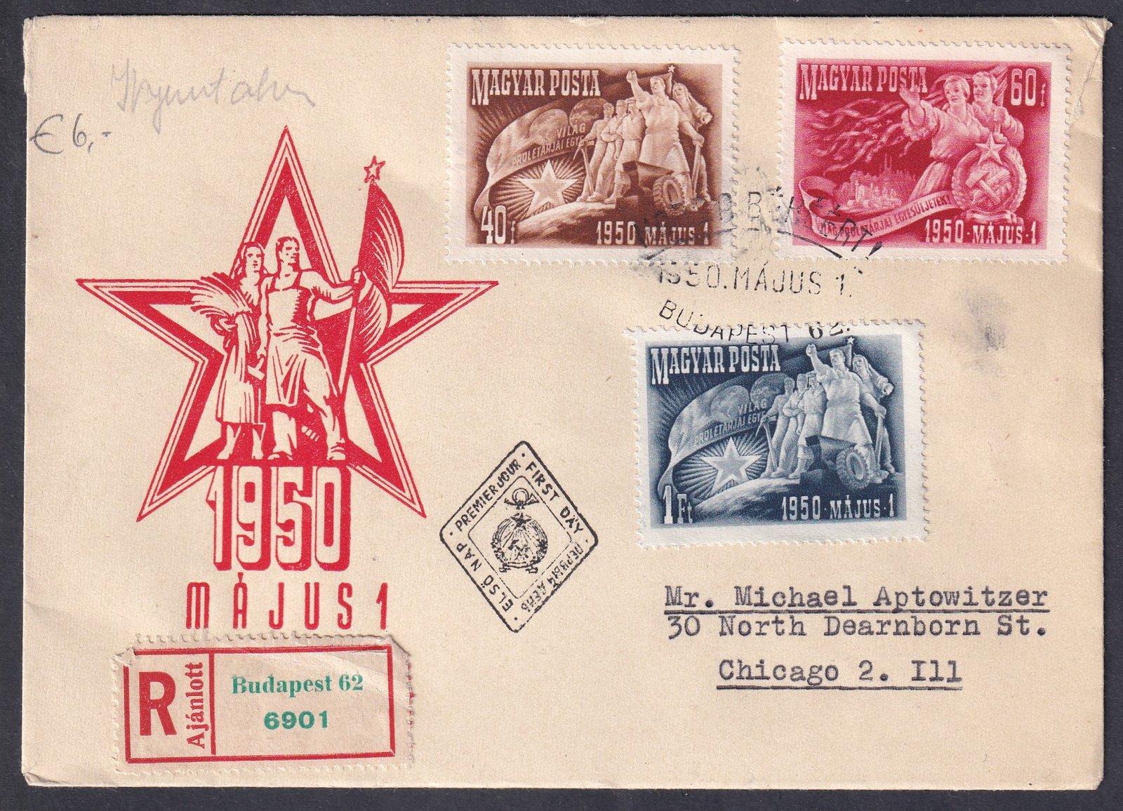 1950. Május 1. sor FDC, Chicago (USA)-ba feladott ajánlott levél 1ft díjkiegészítéssel