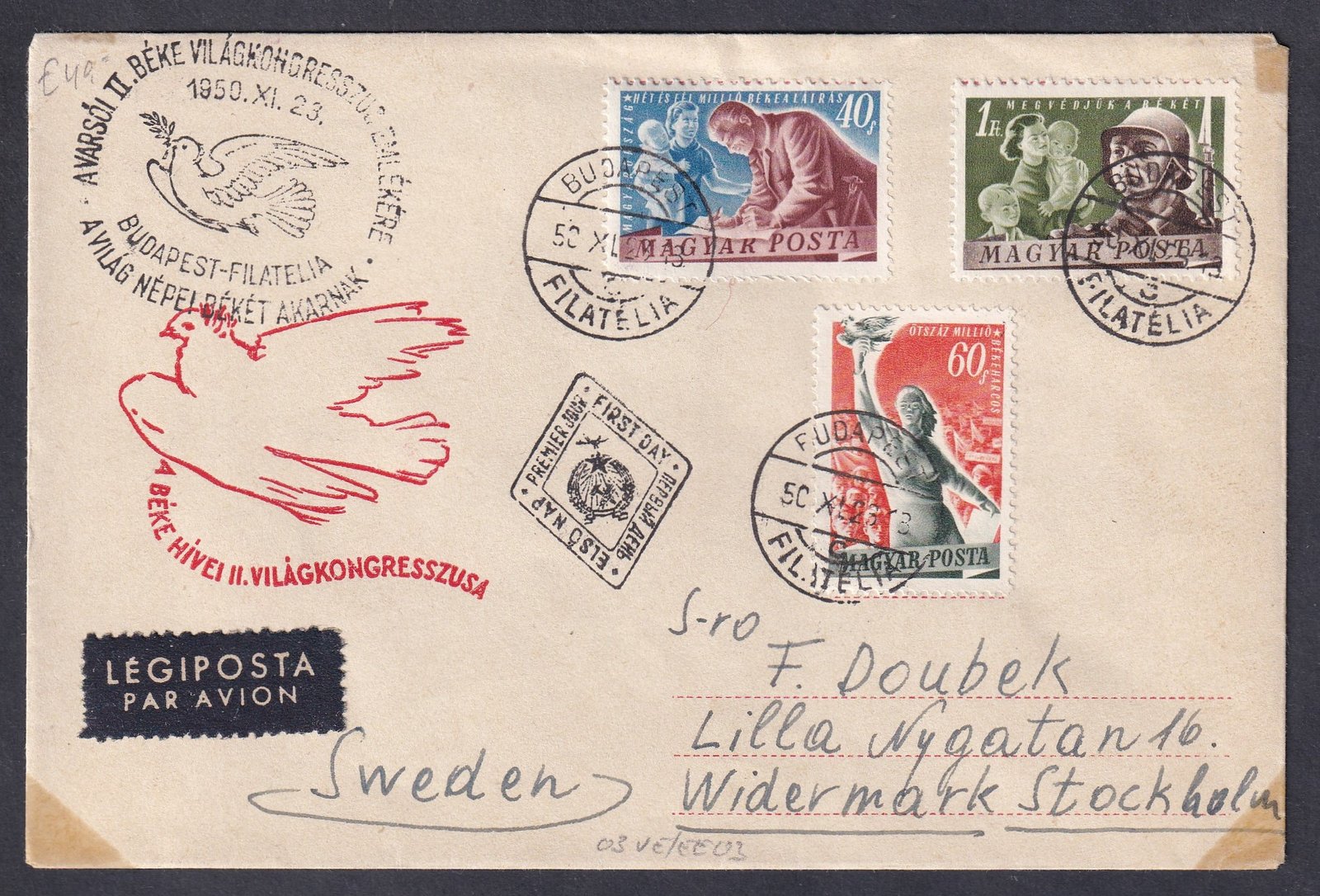 1950. BÉKE sor FDC, Sévországba légipostán feladott levélként