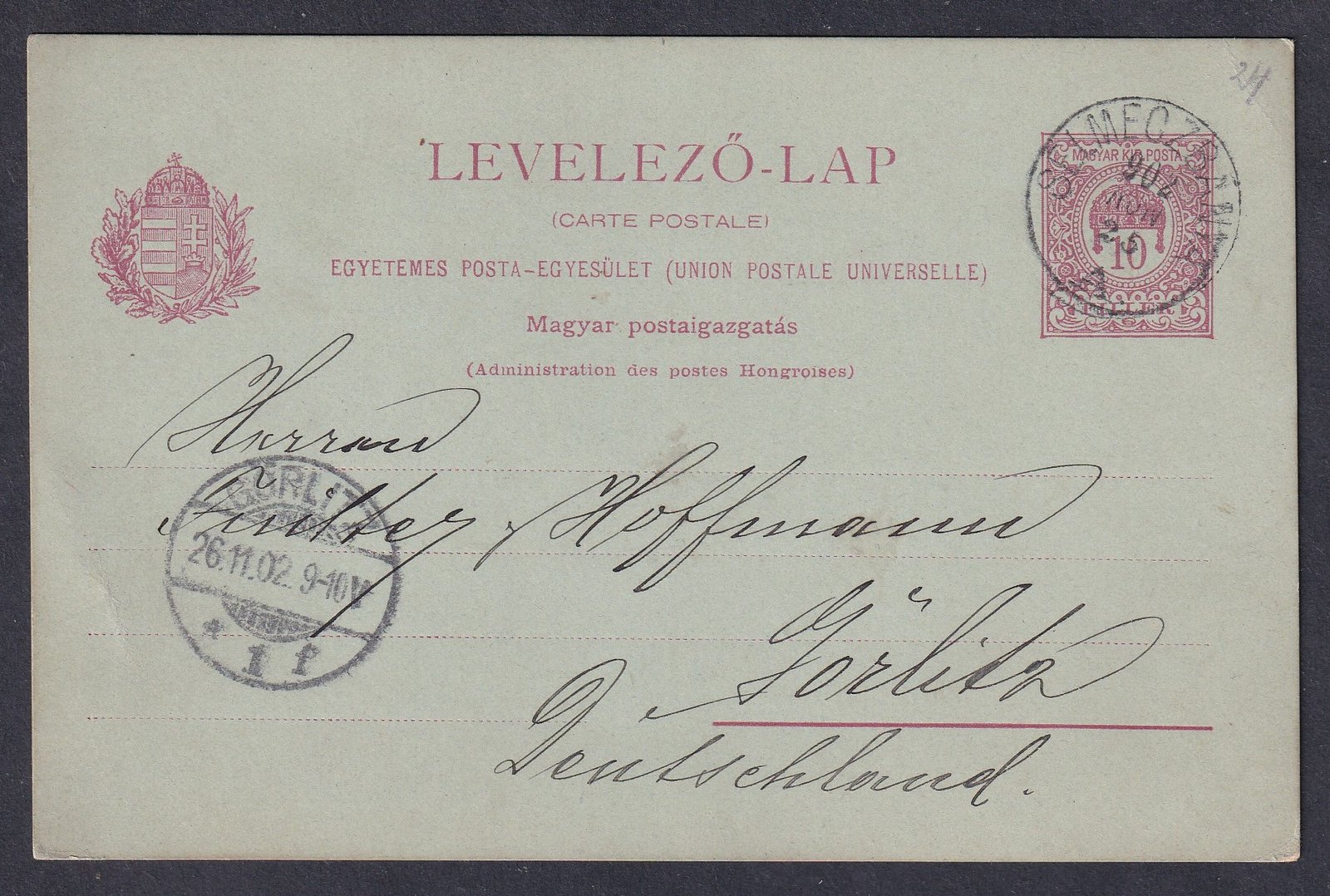 1902. SELMECZBÁNYA, Görlitzbe feladott magyar-francia nyelvű levelezőlap