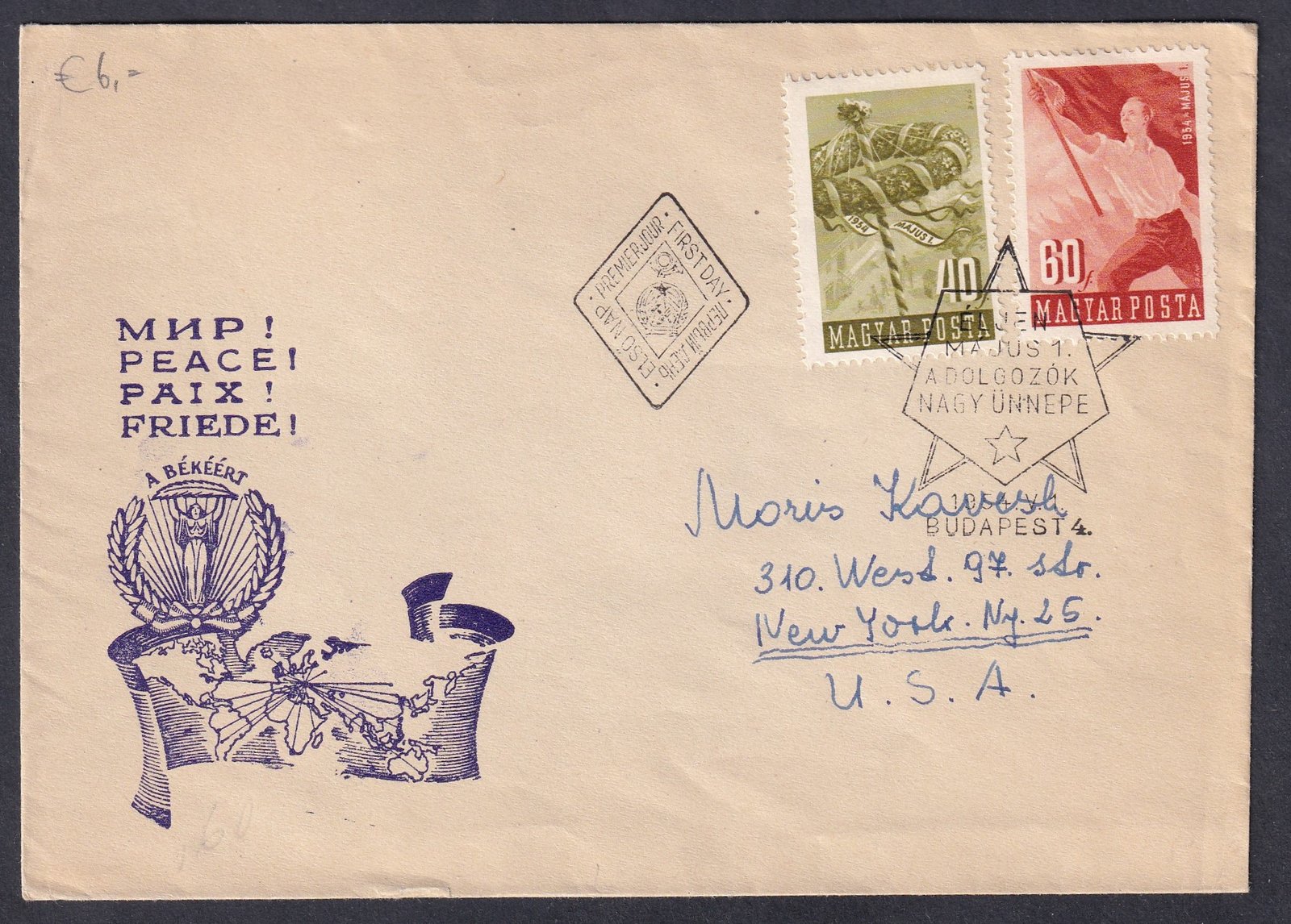 1954. Május 1 FDC, USA levélként