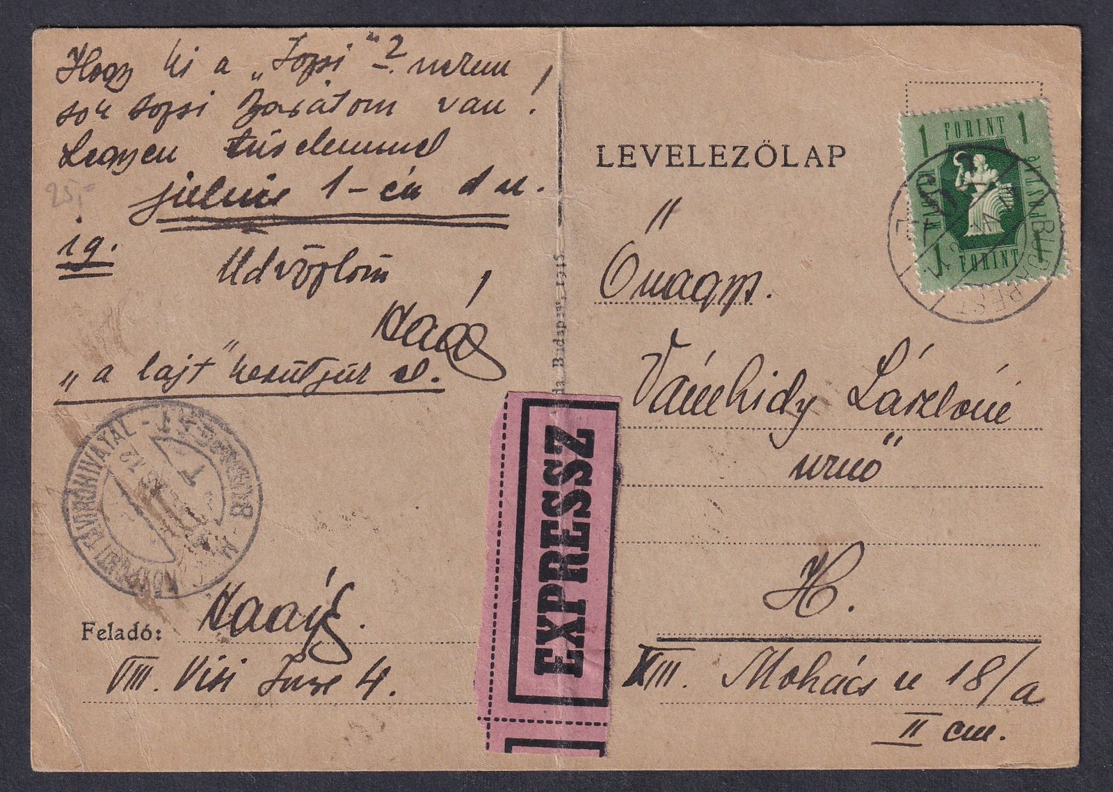1947. Budapest, helyben expressz feladott levelezőlap