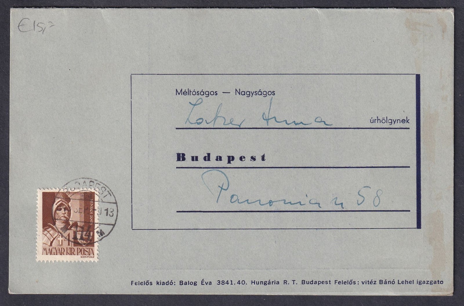 1943. Budapest, helyben feladott nyomtatvány küldemény, tartalommal