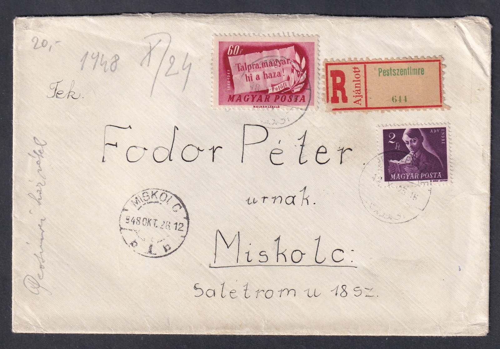 IMG_20260310_0022.1 1948. Pestszentimre, Miskolcra feladott ajánlott levél