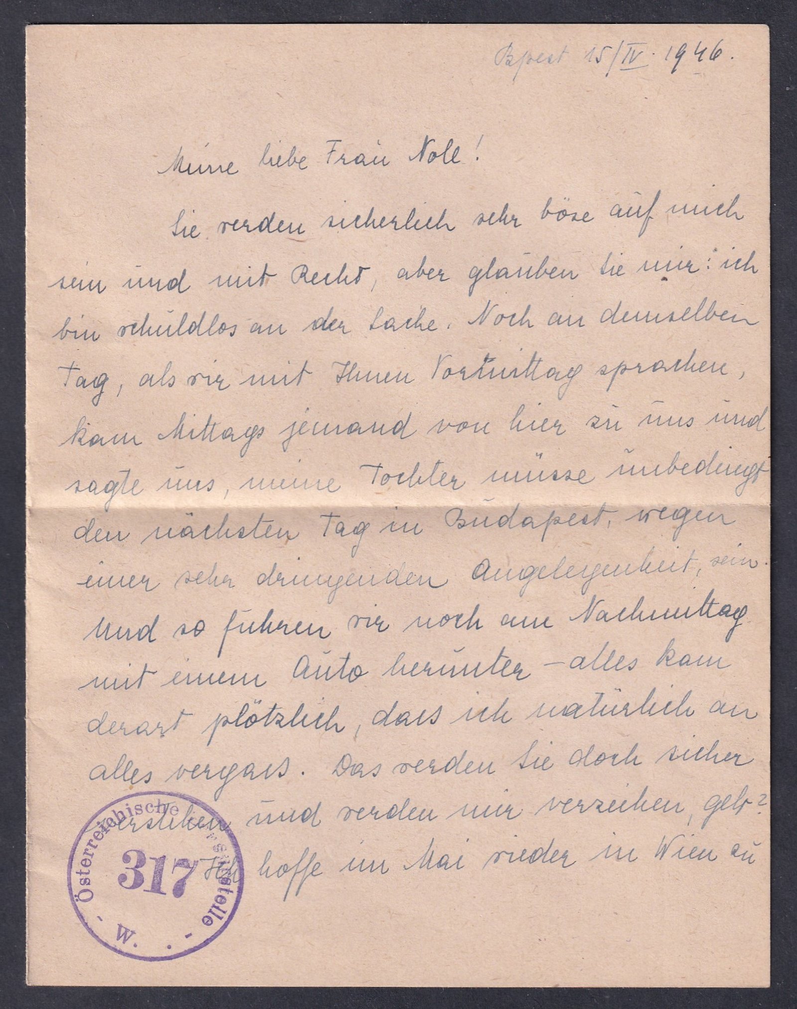 1946. április 29. (12. díjszabás) Ausztriába feladott, első súlyfokozatú, tarifahelyes, cenzúrázott levél