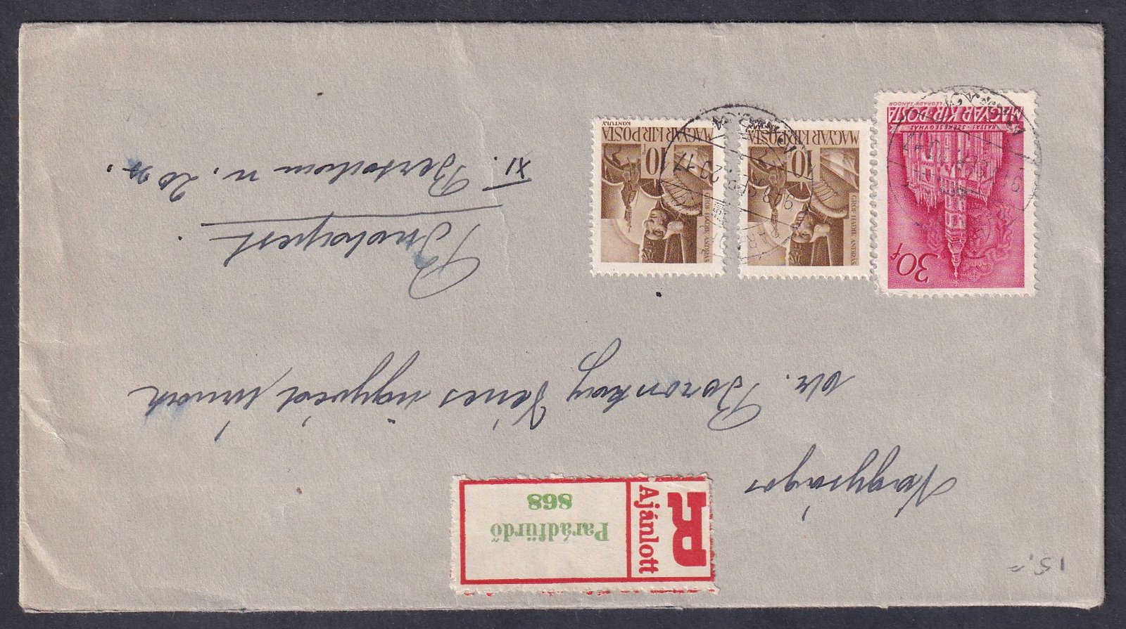 1943. Parádfürdő, Budapestre feladott ajánlott levél - 8 bélyeges díjlerovással