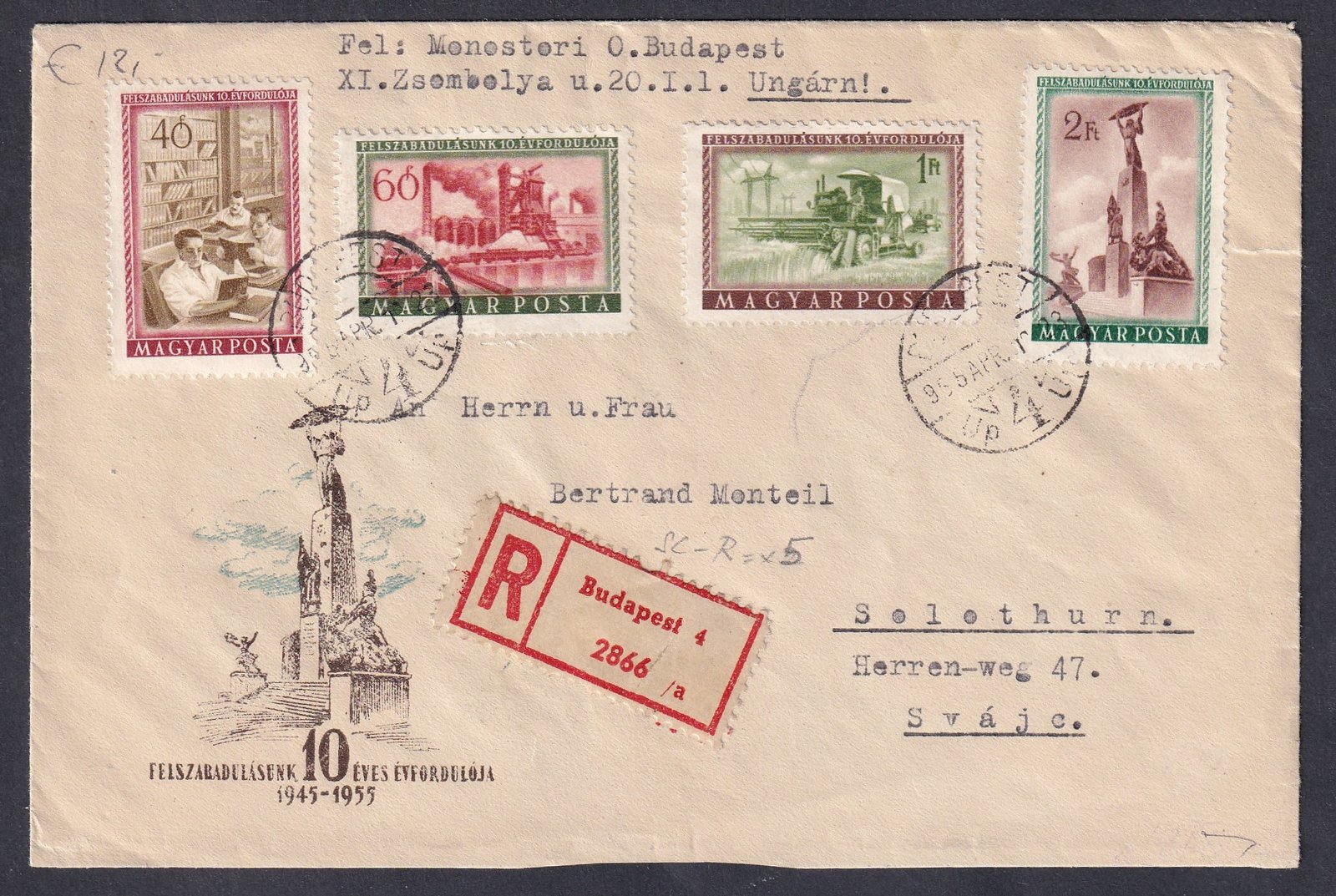 IMG_20260310_0030 1955. Svájcba feladott vámkezelt, ajánlott levél – Felszabadulásunk 10. évfordulója FDC felhasználásával