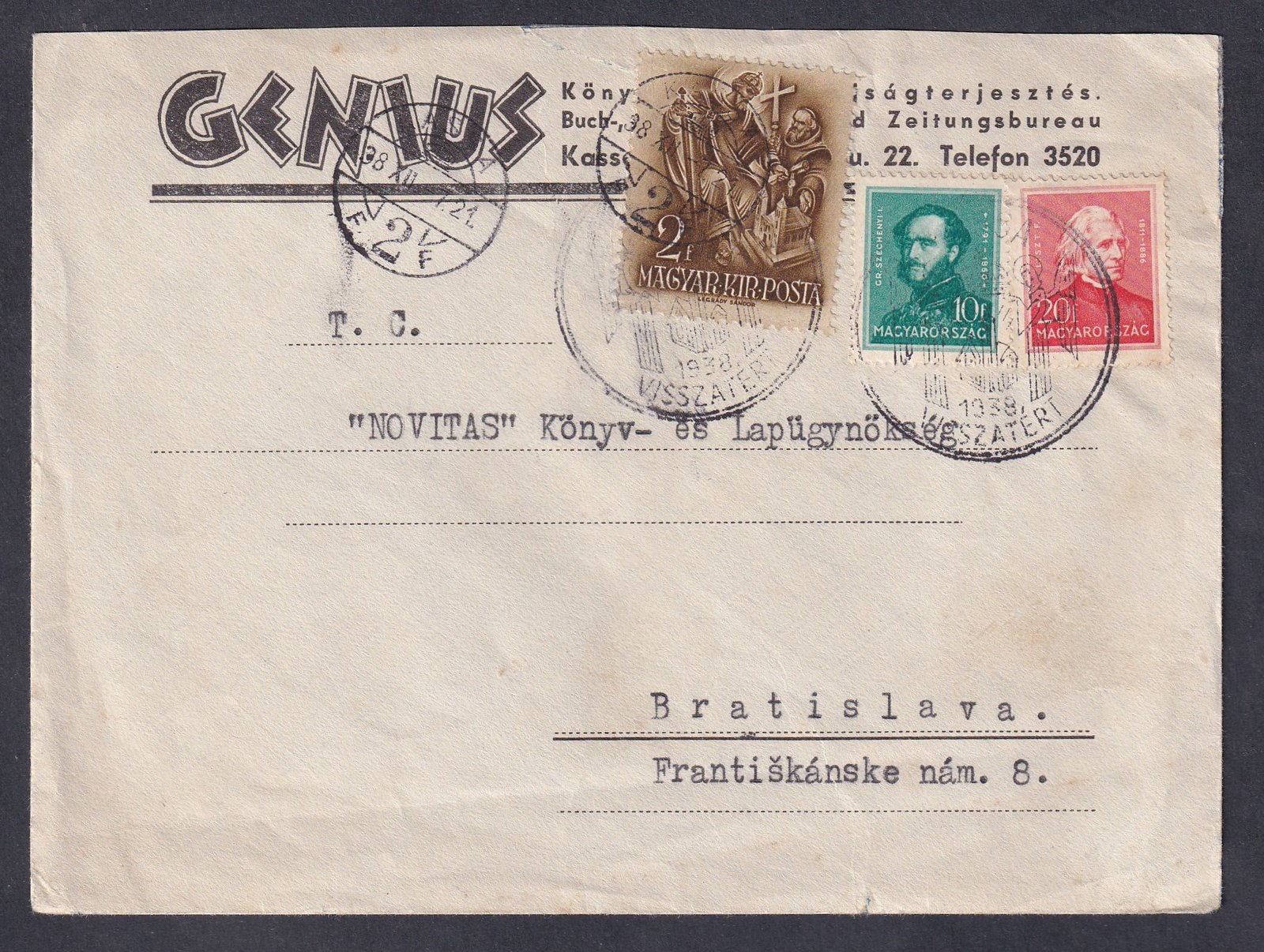 1938. Kassa, Pozsonyba feladott levél "Kassa Visszatért" bélyegzéssel