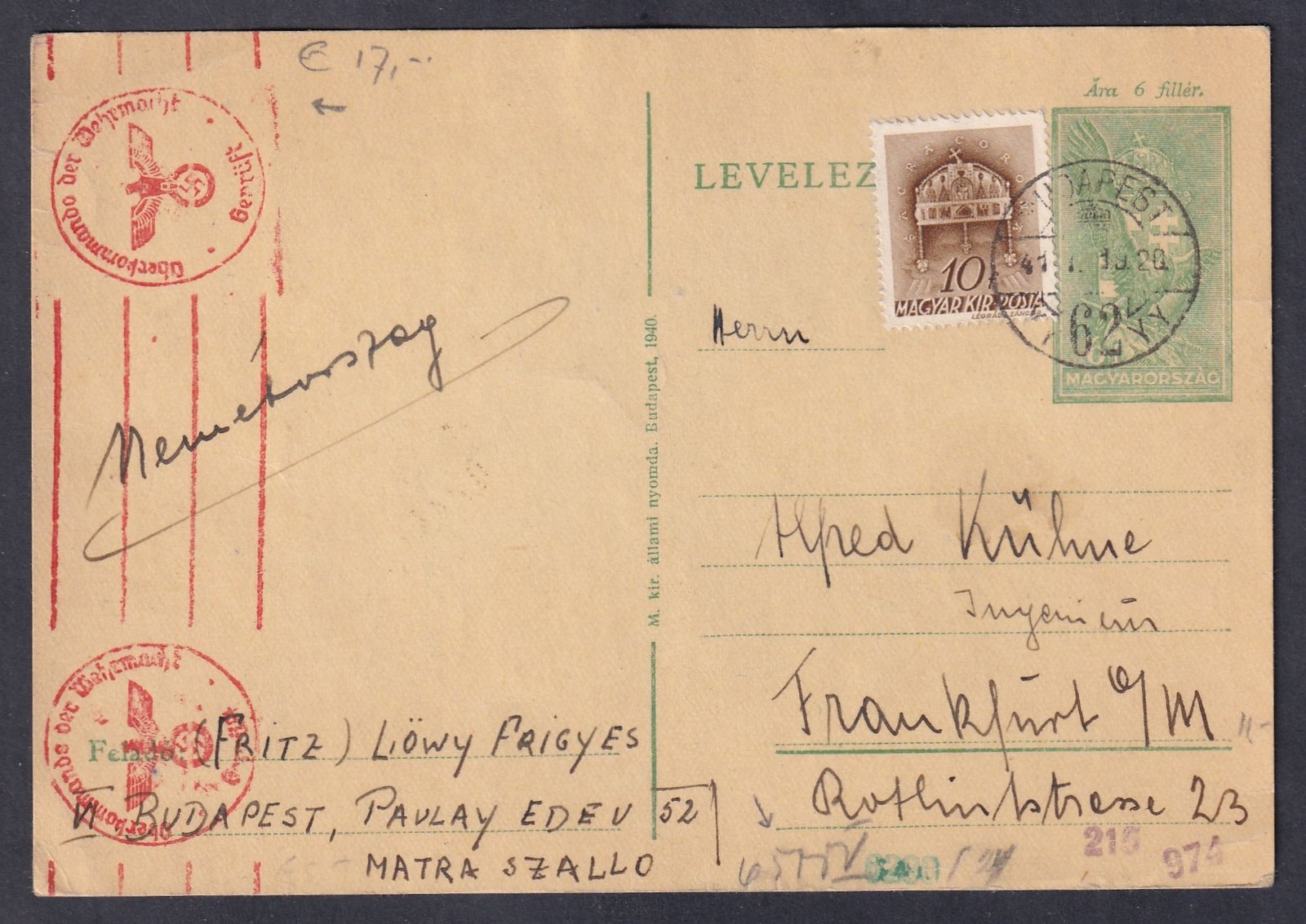 1941. Budapest, Franfurtba feladott cenzúrázott levelezőlap