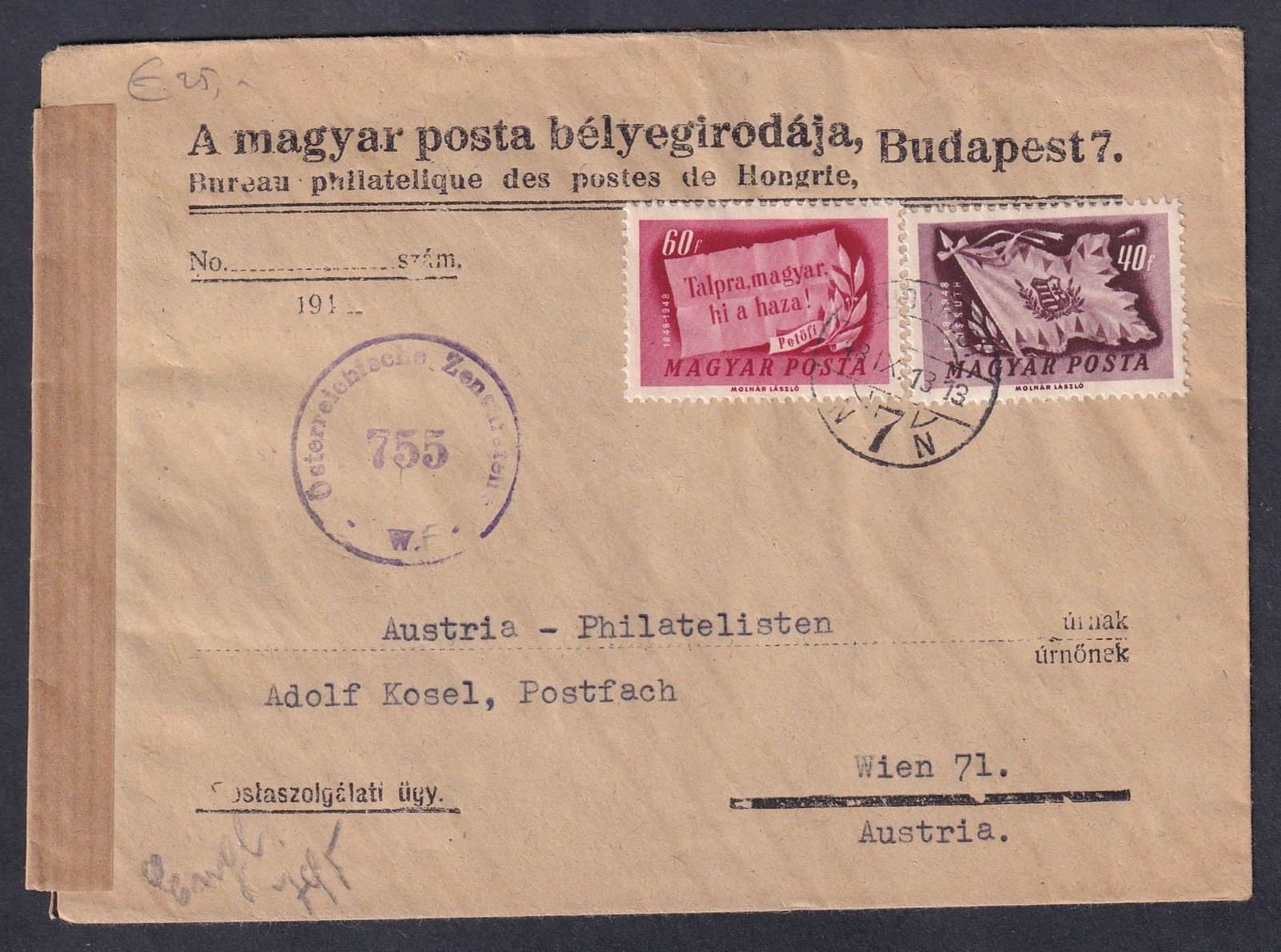 1948. Budapest, Ausztriába feladott cenzúrázott levél