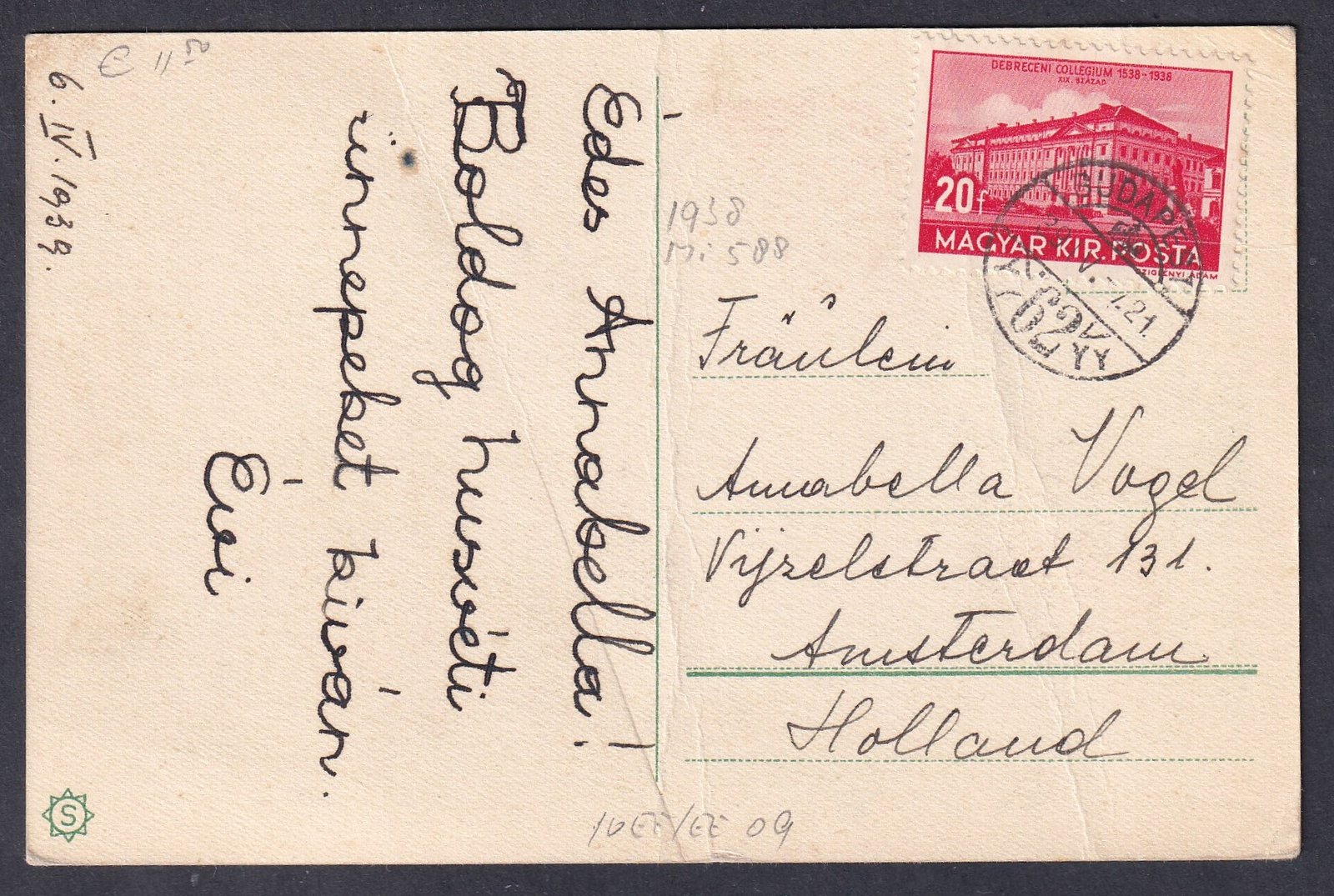 1939. Budapest, Amsterdam (Hollandia)-ba feladott képeslap