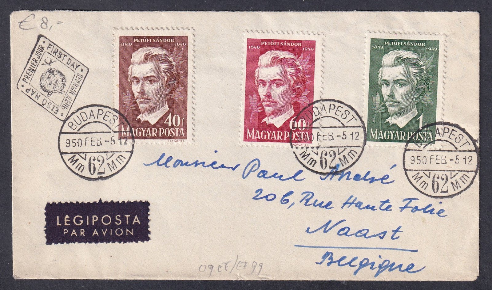 1950. Petőfi Sándor FDC, Belgiumba feladott légiposta levélként