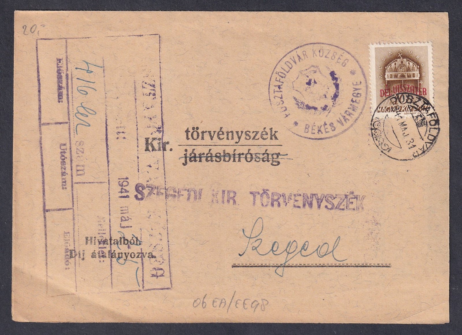 1941. Pusztaföldvár, Szegedre feladott Kézbesitési bizonyítvány