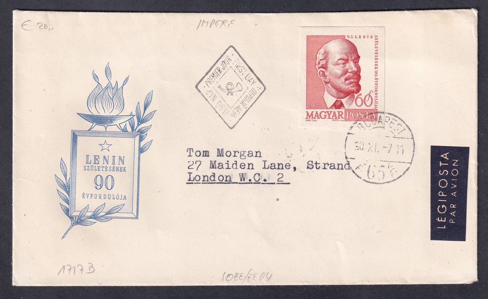 1960. Lenin 60f vágott FDC, díjkiegészítéssel Londonba feladott légiposta levélként felhasználva