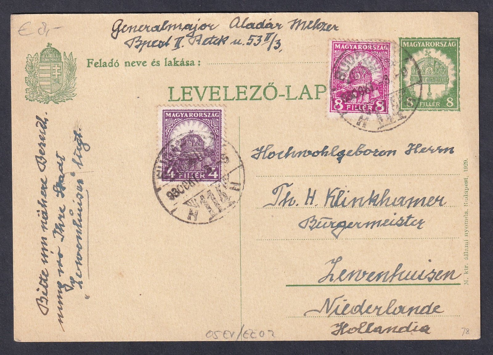 1930. Budapest, Hollandiába feladott díjkiegészített levelezőlap