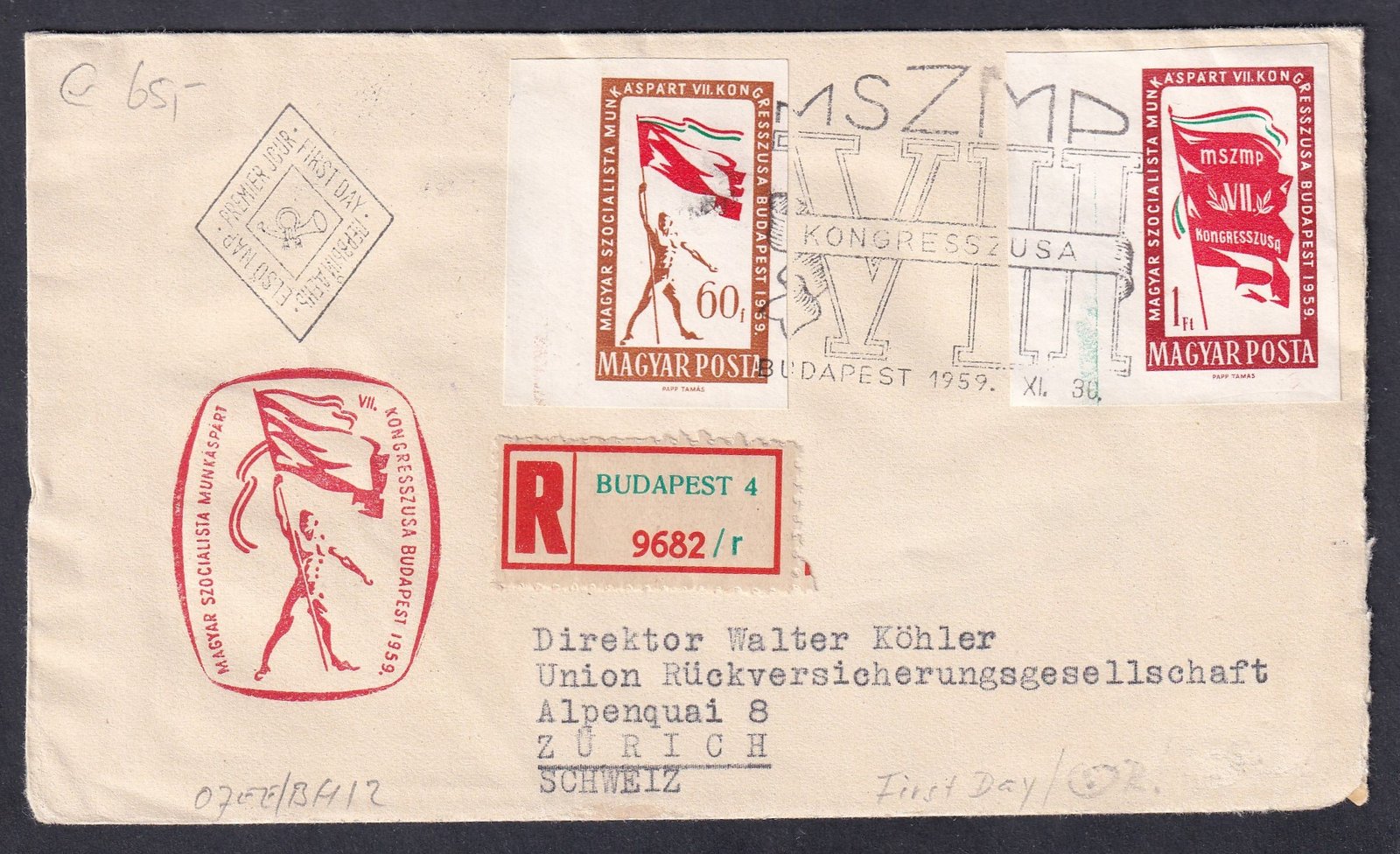 1959. MSZMP Kongresszusa pár – mindkét bélyeg ívszéli, vágott példány, FDC-n Svájcba feladott ajánlott levél, díjkiegészítéssel, vámkezelt küldemény.