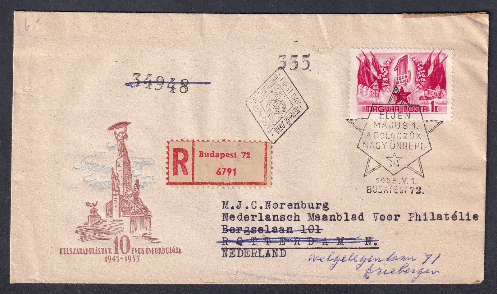 IMG_20260310_0052.1 1955. Május 1. díjkiegészített FDC, Hollandiába feladott díjkiegészített levélként
