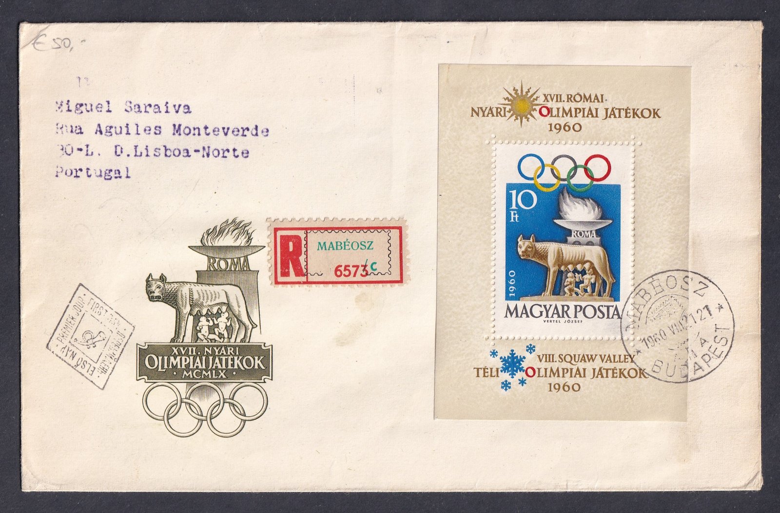 IMG_20260311_0002 1960. Olimpia blokk FDC, Portugáliába feladott ajánlott levélként
