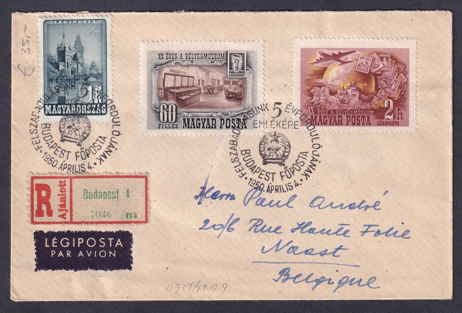 1950. Belgiumba feladott ajánlott, légiposta levél 5 éves felszabadulás alkalmi bélyegzéssel