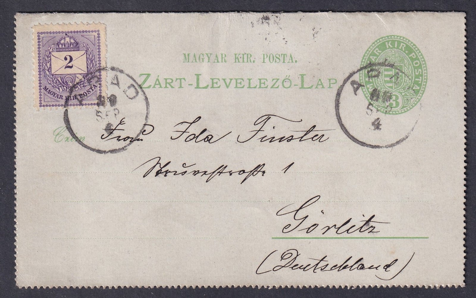 1889. ADA, Görlitz-be feladott díjkiegészített Zárt-Levelezőlap