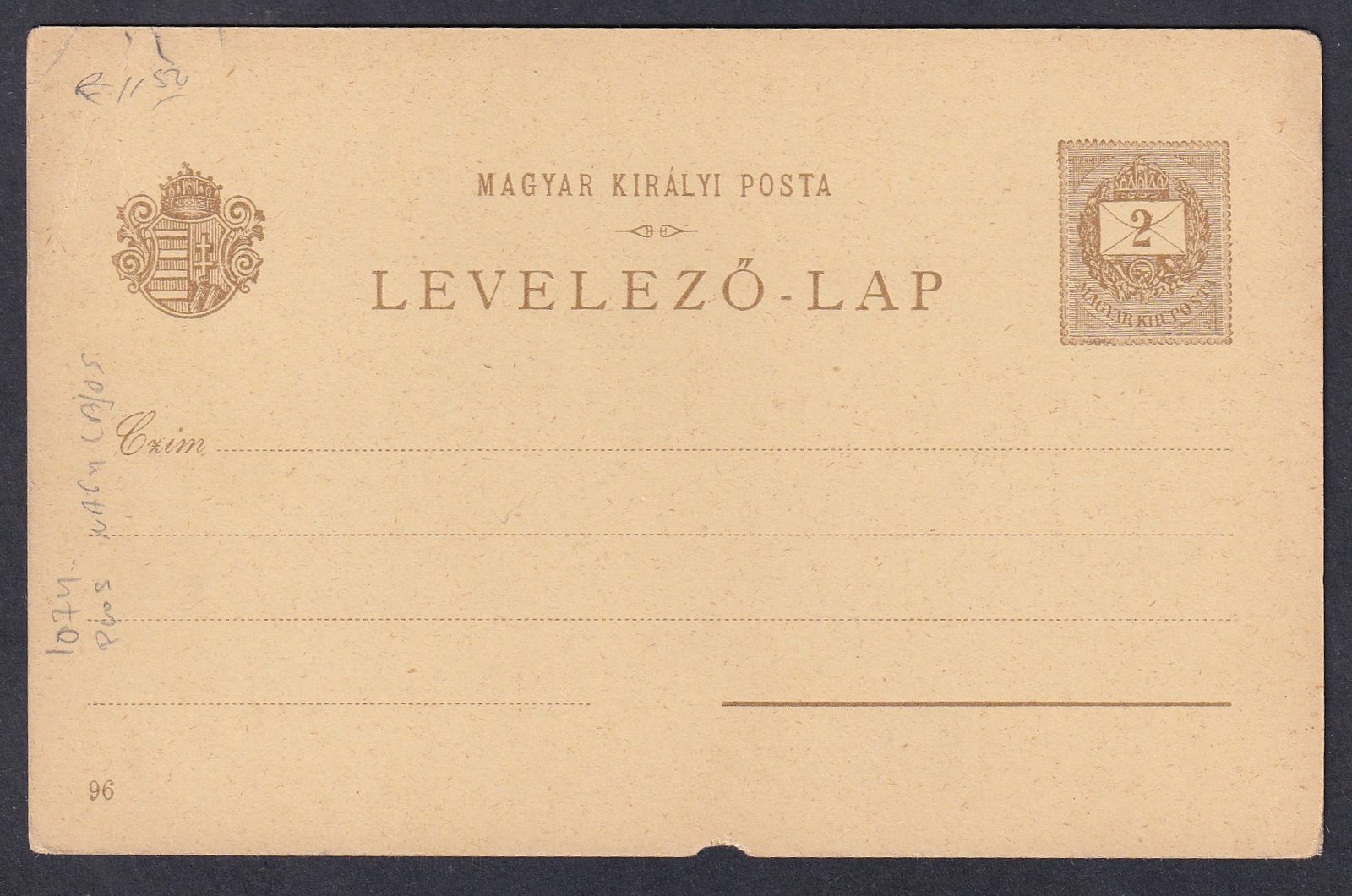 1896. Milleniumi 2kr díjjegyes, használatlan levelezőlap