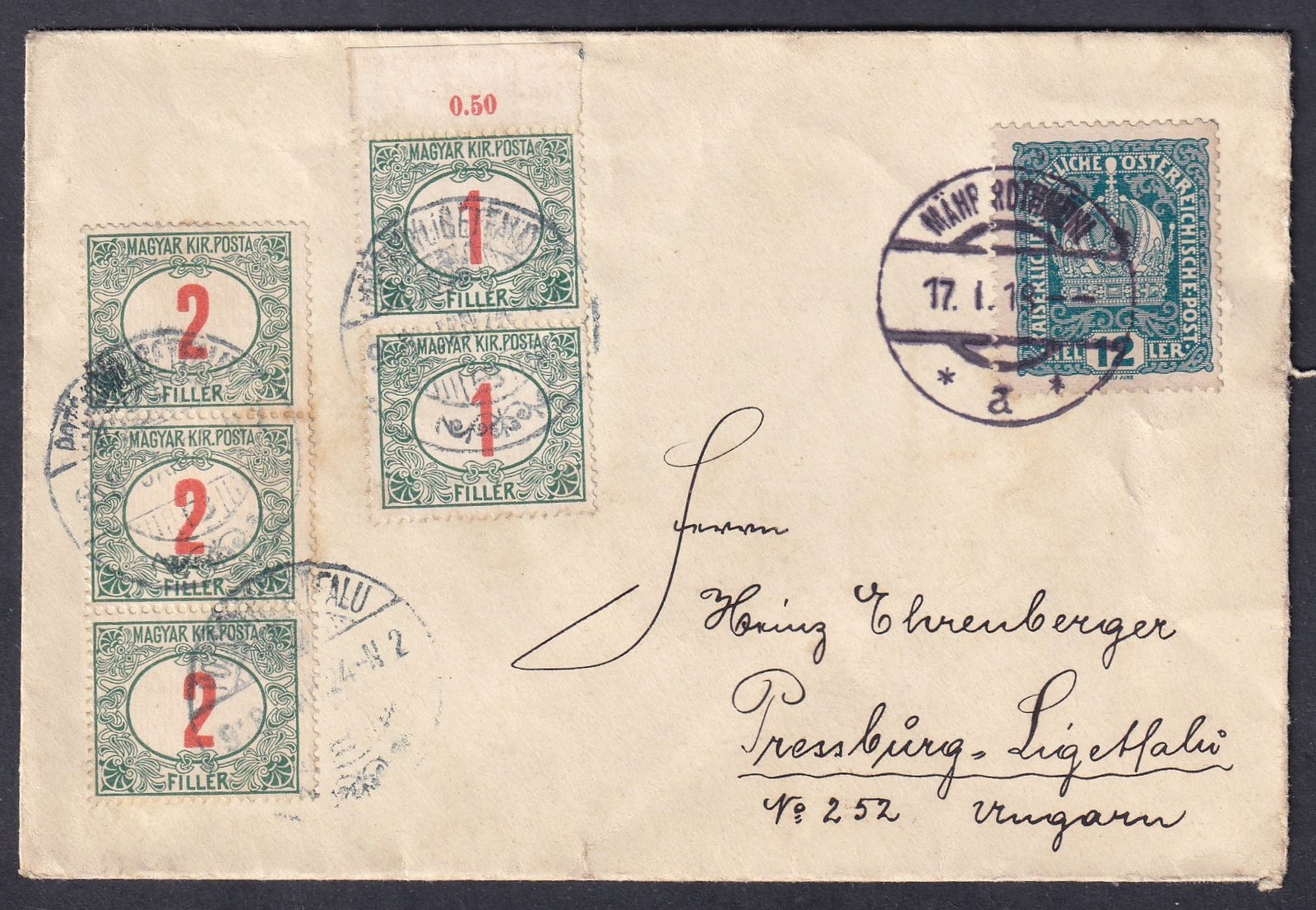 1917. Mähr Rothmühl (Radiměř), Pozsony-Ligetfalu-ba feladott portós levél