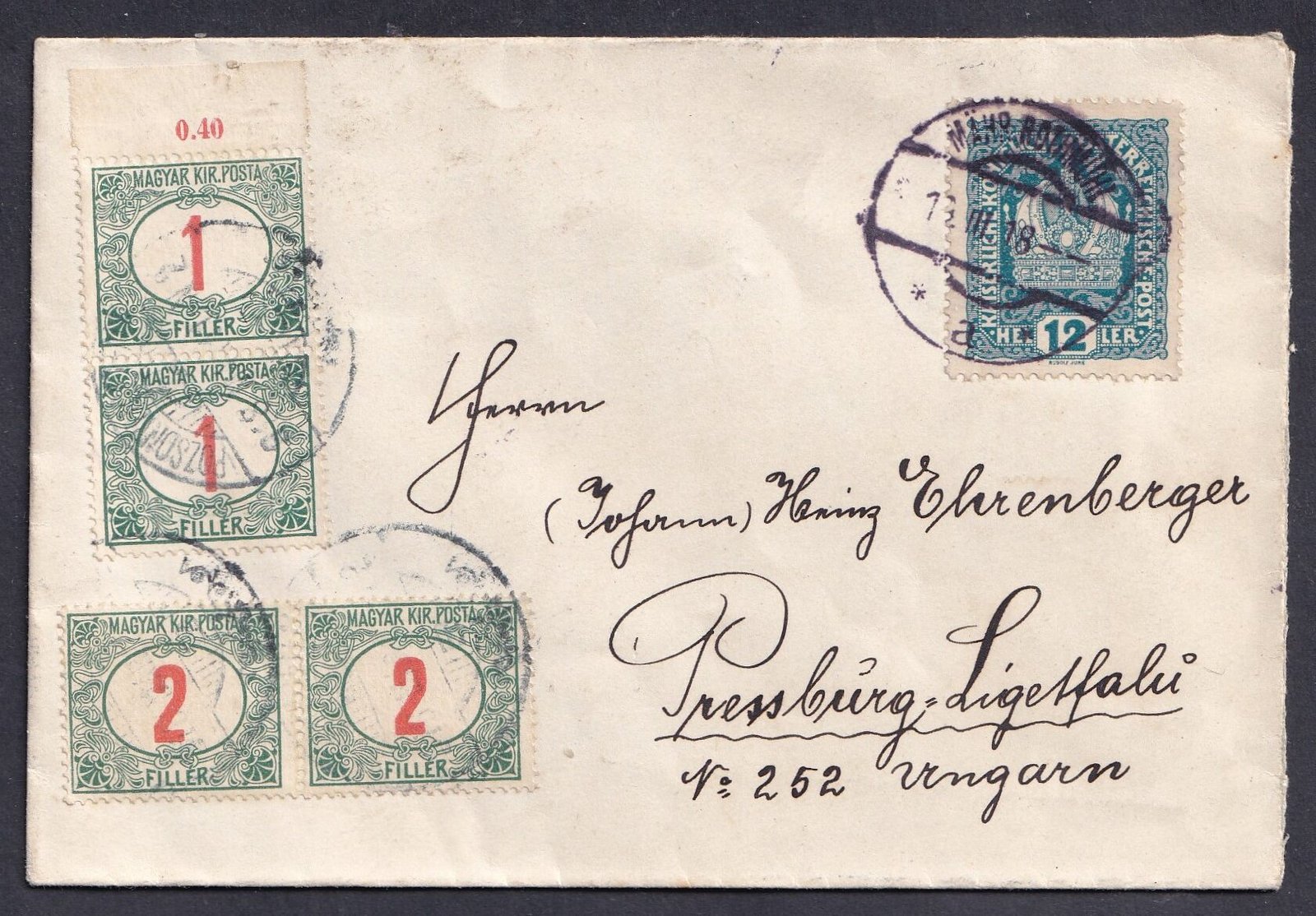 1917. Mähr Rothmühl (Radiměř), Pozsony-Ligetfalu-ba feladott portós levél