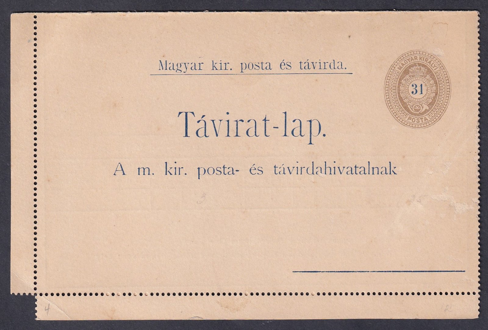 1892. 31kr használatlan Távírat-lap