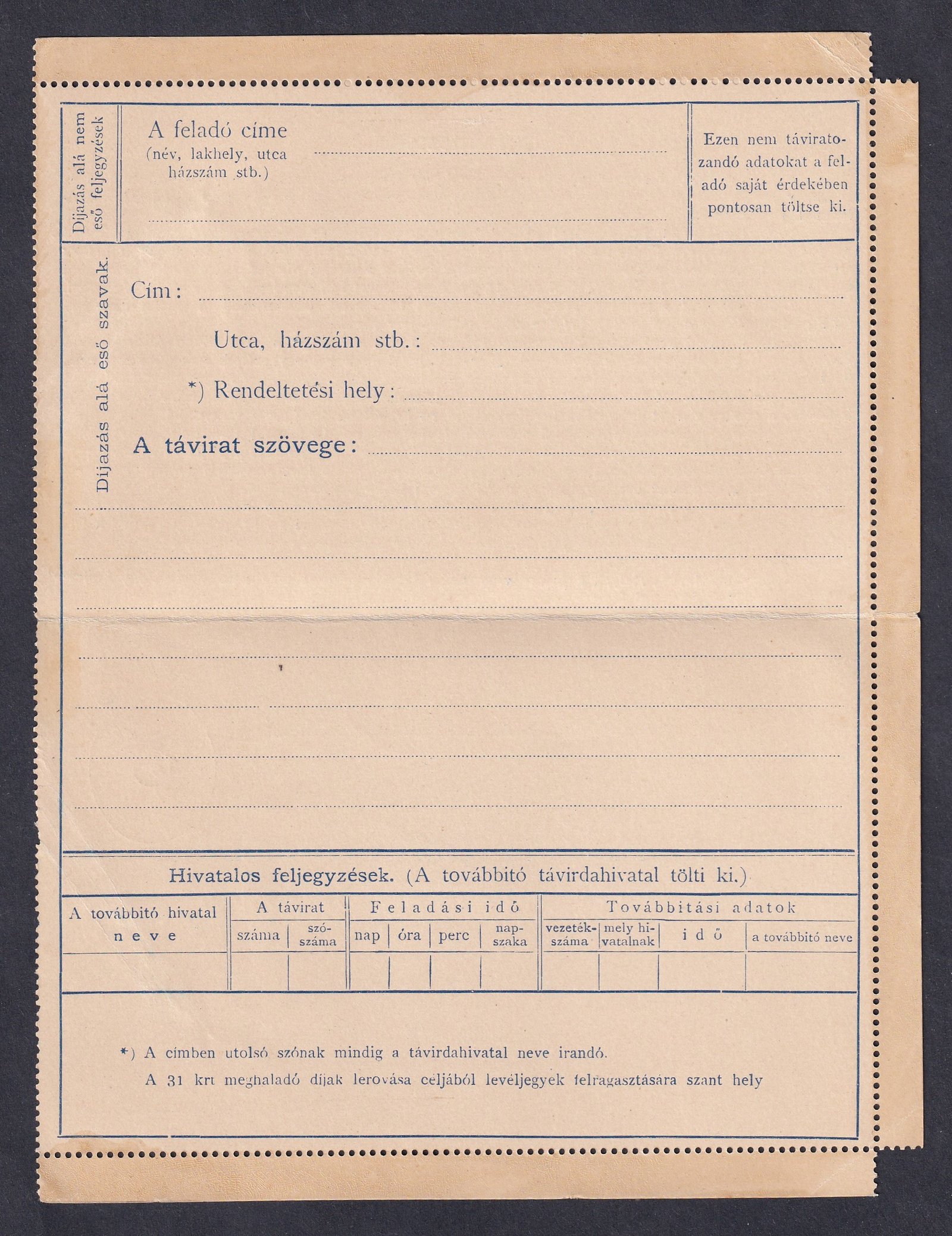 1892. 31kr használatlan Távírat-lap