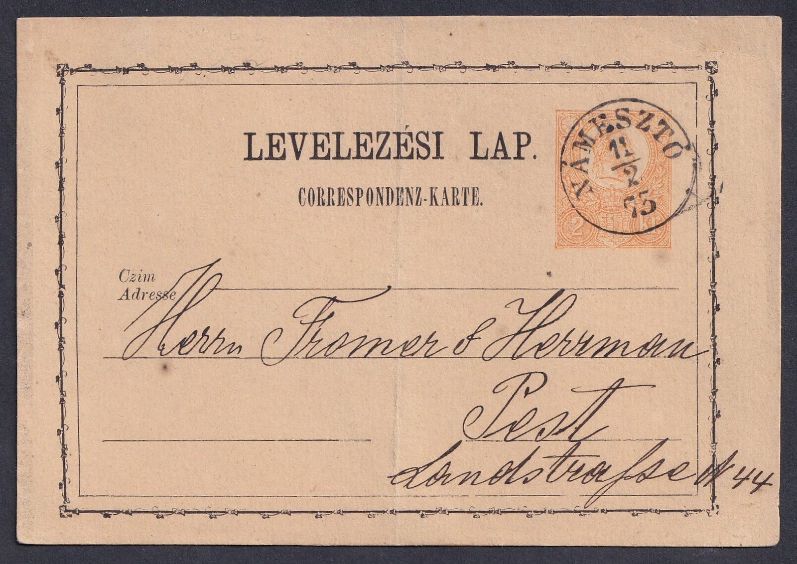 1875. NÁMESZTÓ, Pesth-re feladott levelezőlap