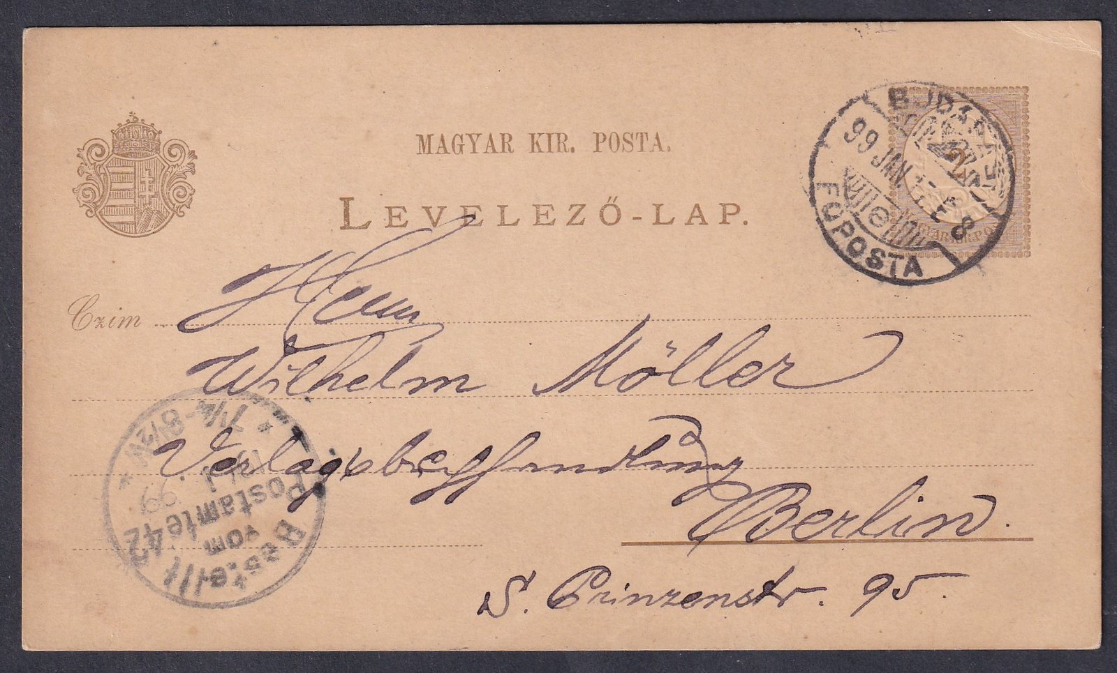 1899. Budapest, Berlinbe feladott levelezőlap