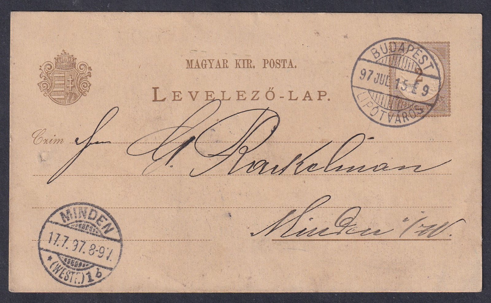 1897. Budapest, Minden (Németország)-ba feladott levelezőlap hátoldalon céges előnyomással