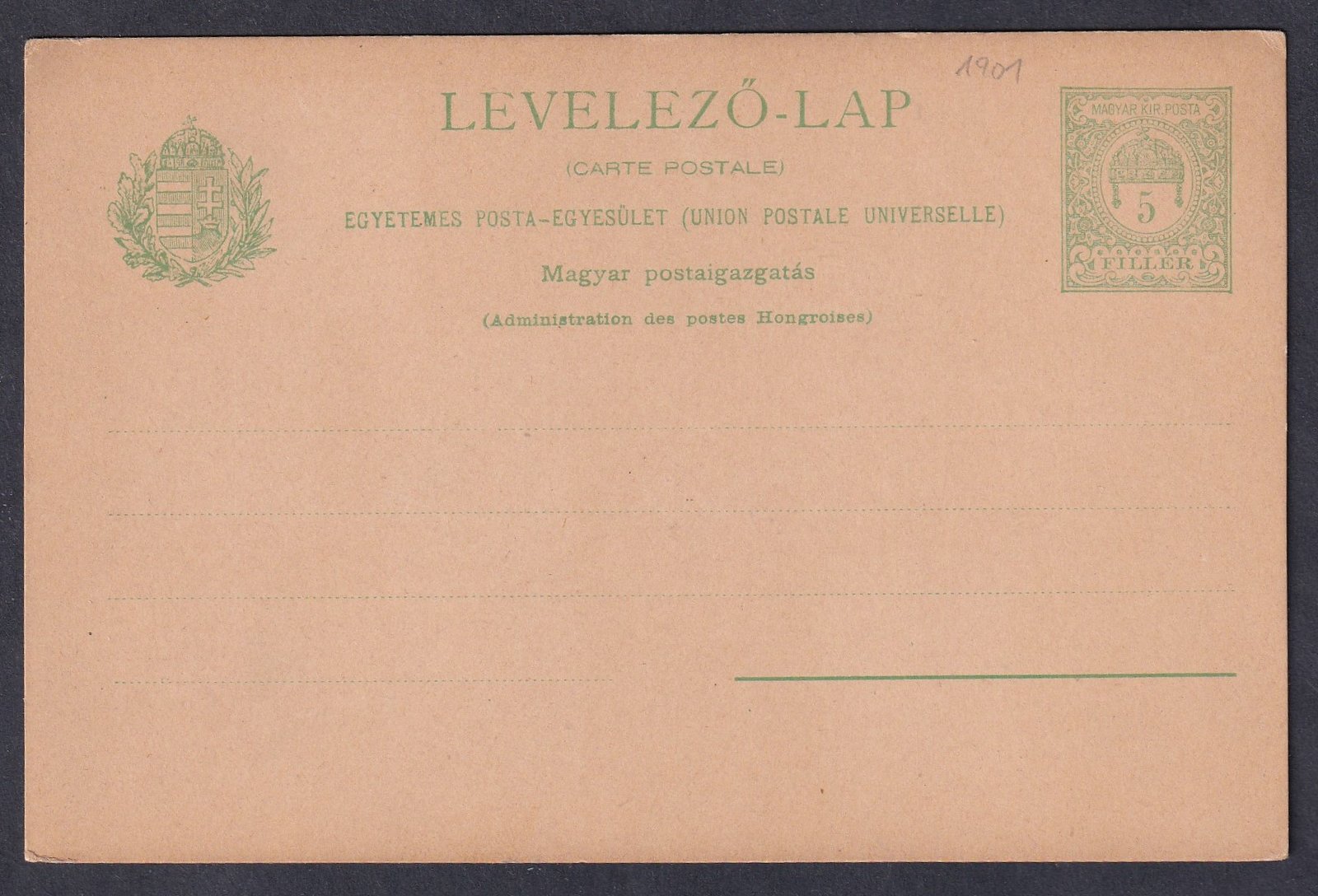 1900. 5f magyar- francia nyelvű UPU használatlan levelezőlap