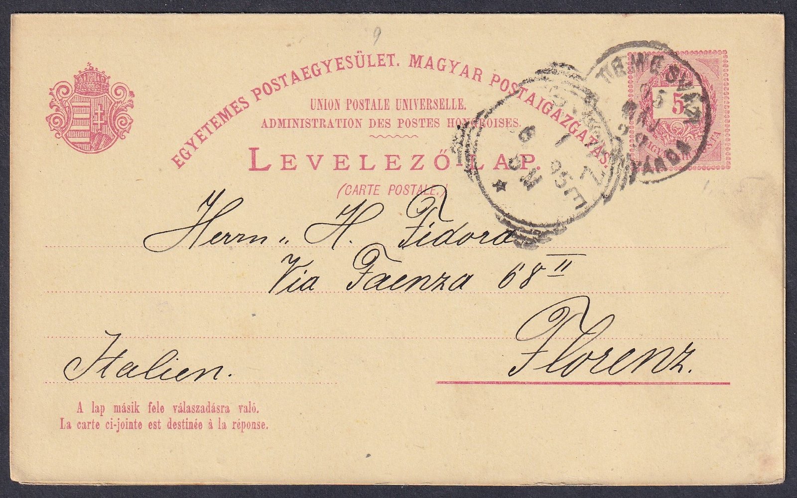1899. Temesvár, Firenze (Olasz Királyság)-ba feladott levelezőlap