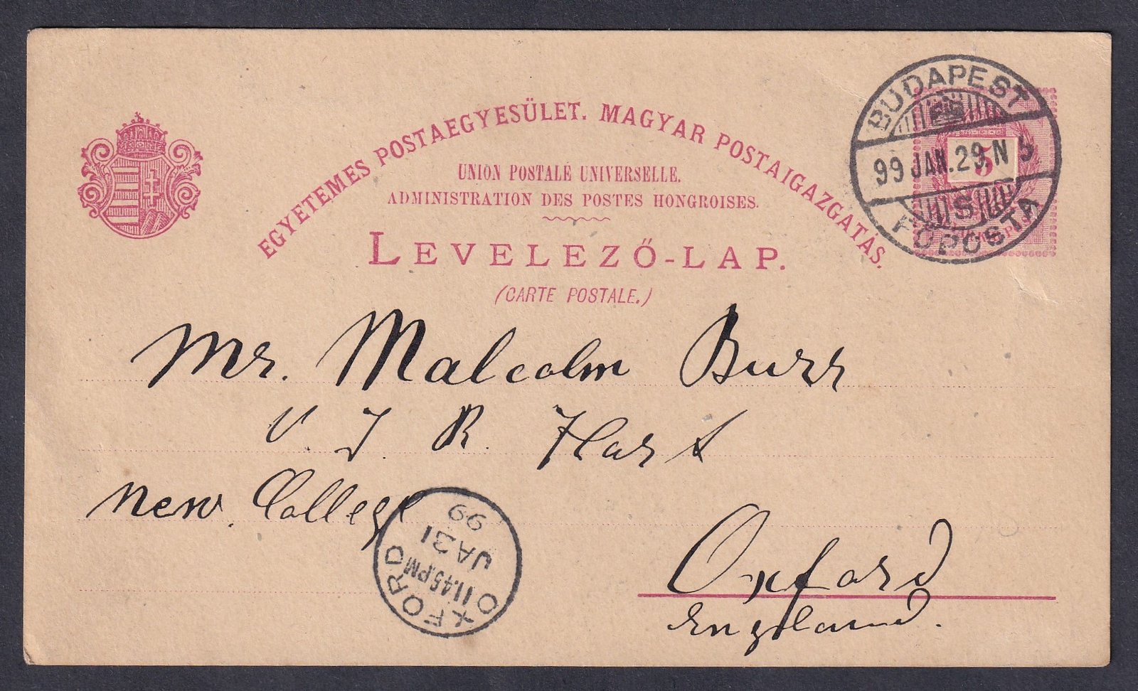 1899. Budapest, Oxford (Anglia)-ba feladott levelezőlap