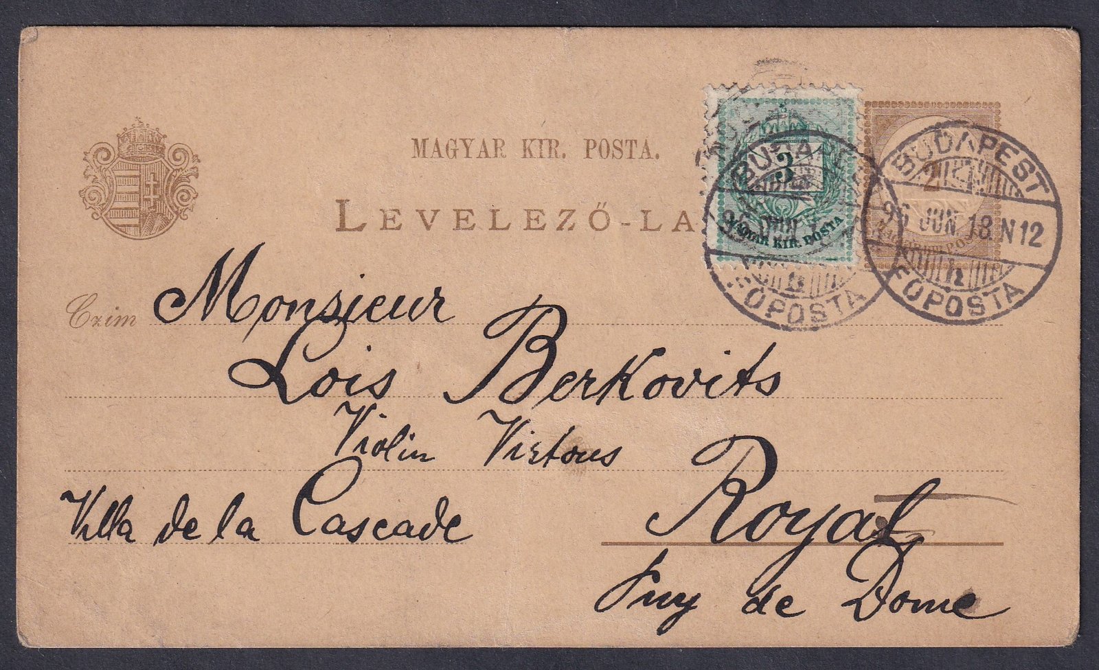 1896. Budapest, Royat (Franciaország)-ba feladott díjkiegészített levelezőlap